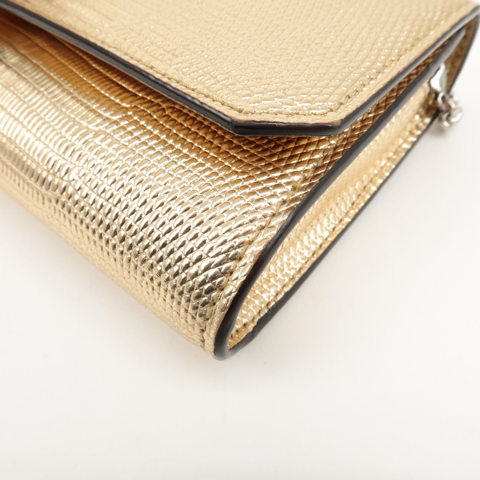 JIMMY CHOO Leather Rhine Stone Chain Wallet Gold Silver HDW Used