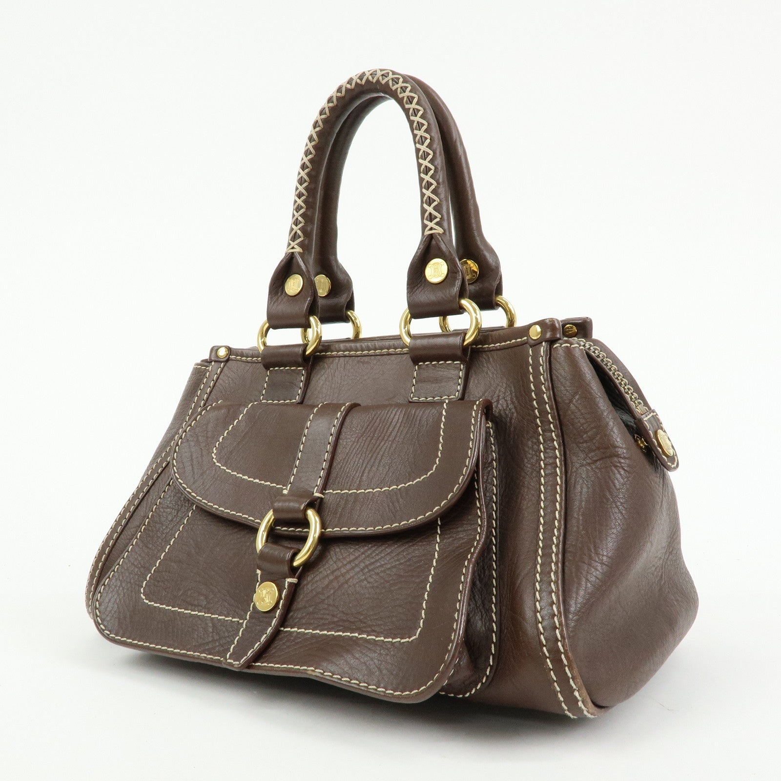 CELINE Logo Leather Hand Bag Mini Boston Bag Dark Brown