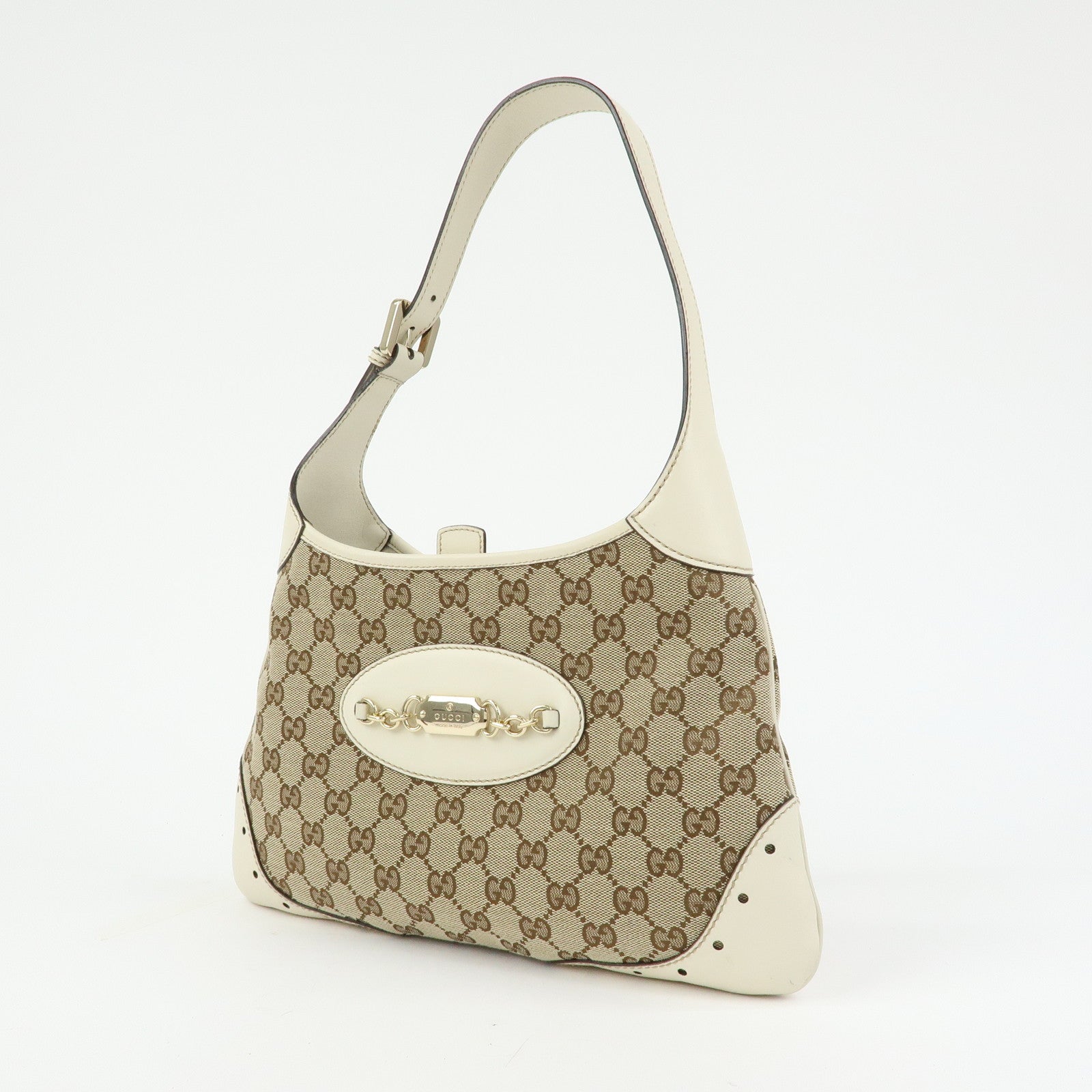 GUCCI GG Monogram Canvas Leather Shoulder Bag Beige White 145778
