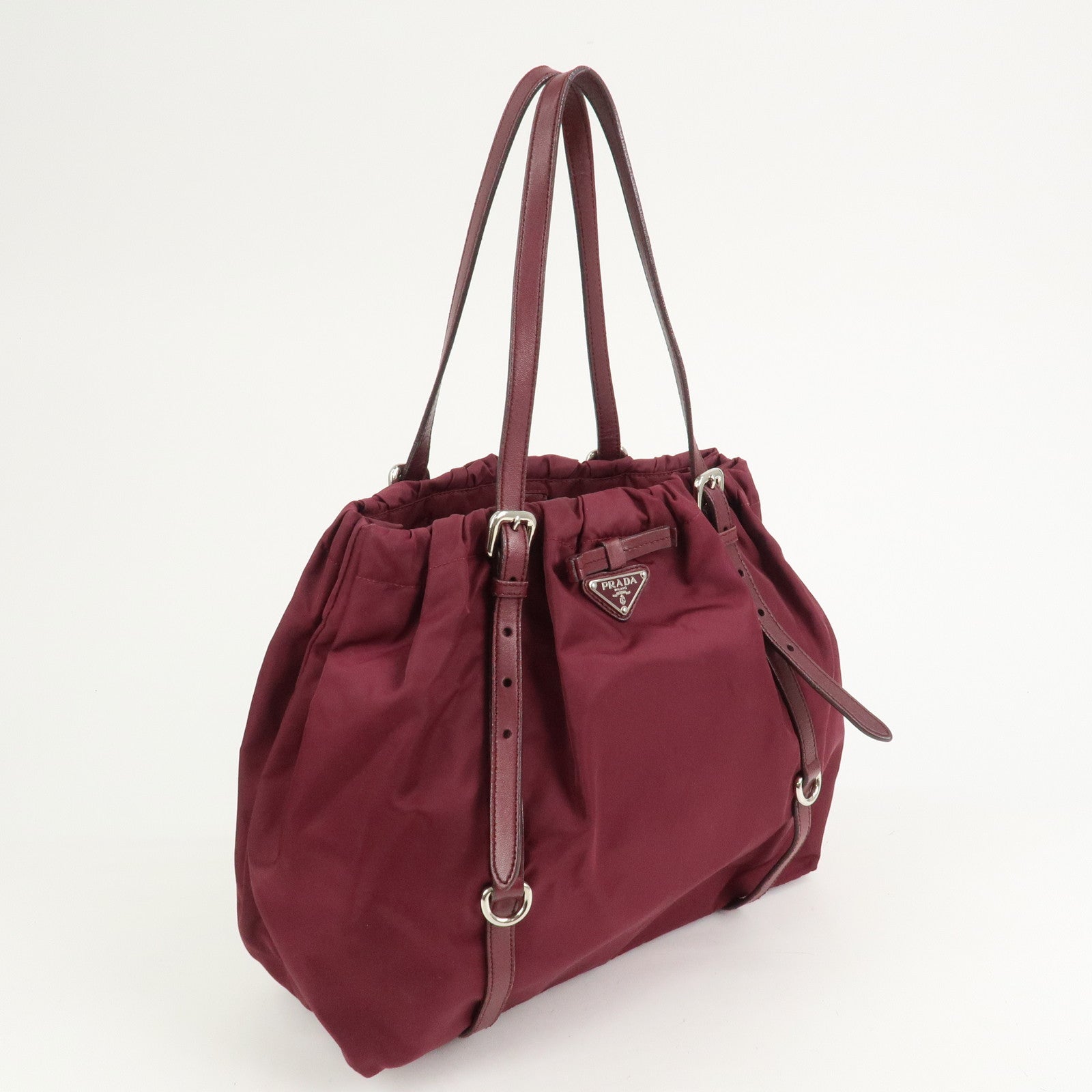 PRADA Triangle Nylon Leather Tote Bag Shoulder Bag Bordeaux