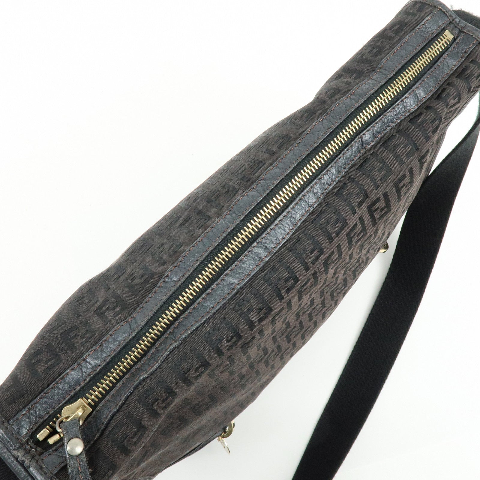 FENDI Zucchino Canvas Leather Shoulder Bag Dark Brown 8BT090