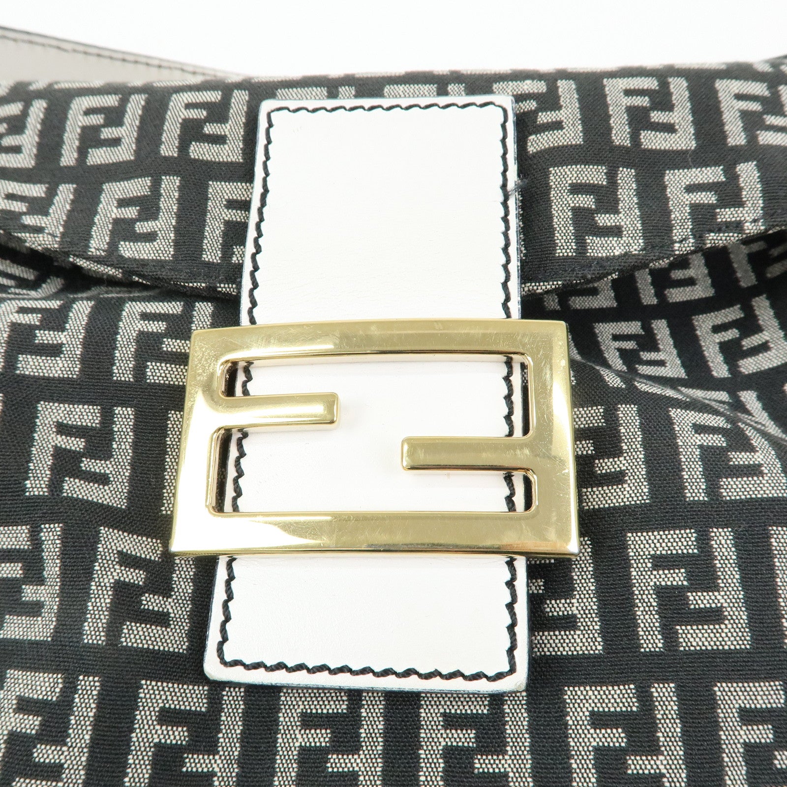 FENDI Zucchino Canvas Leather Shoulder Hand Bag Black White 8BR003