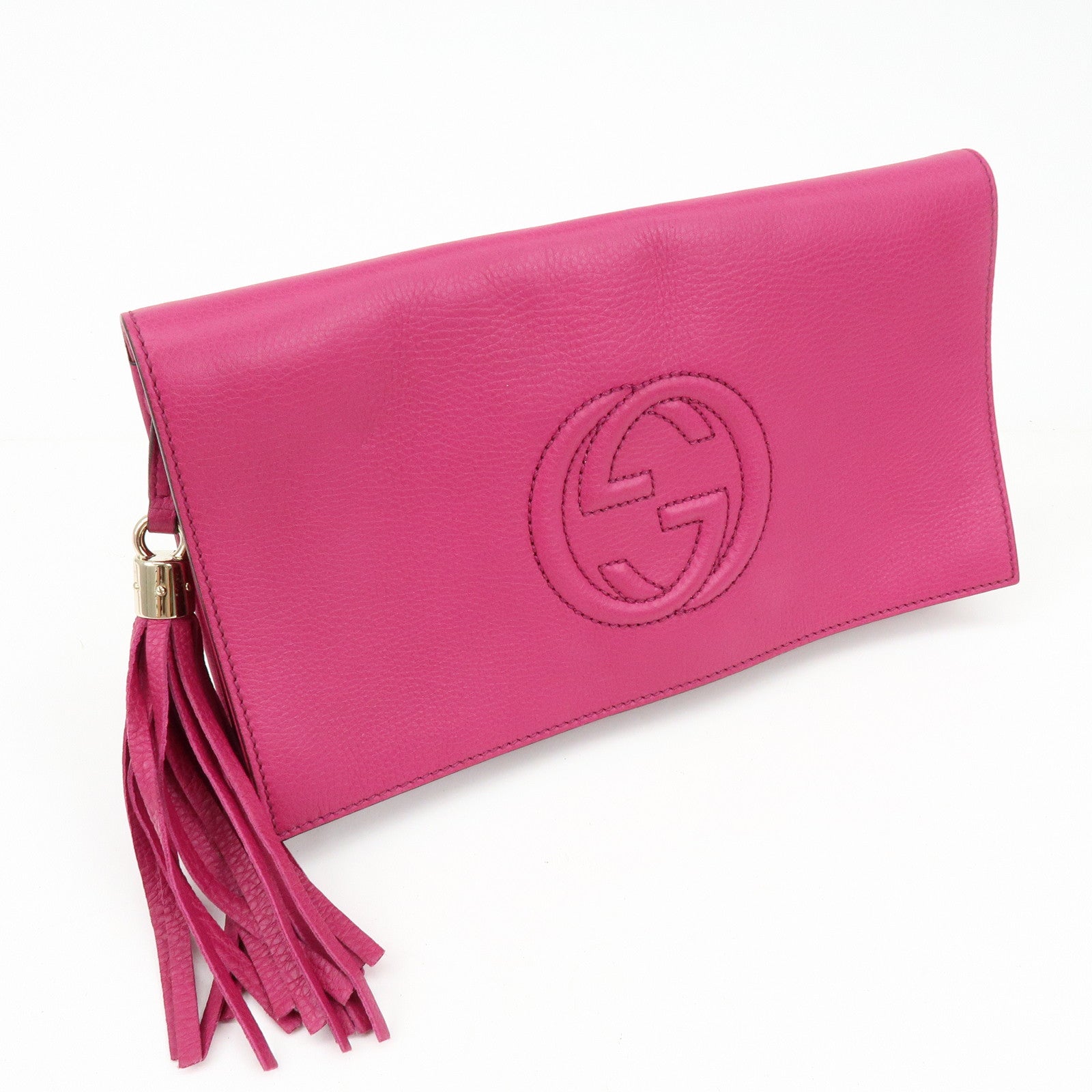 GUCCI SOHO Interlocking G Leather Tassel Clutch Bag Pink 336753