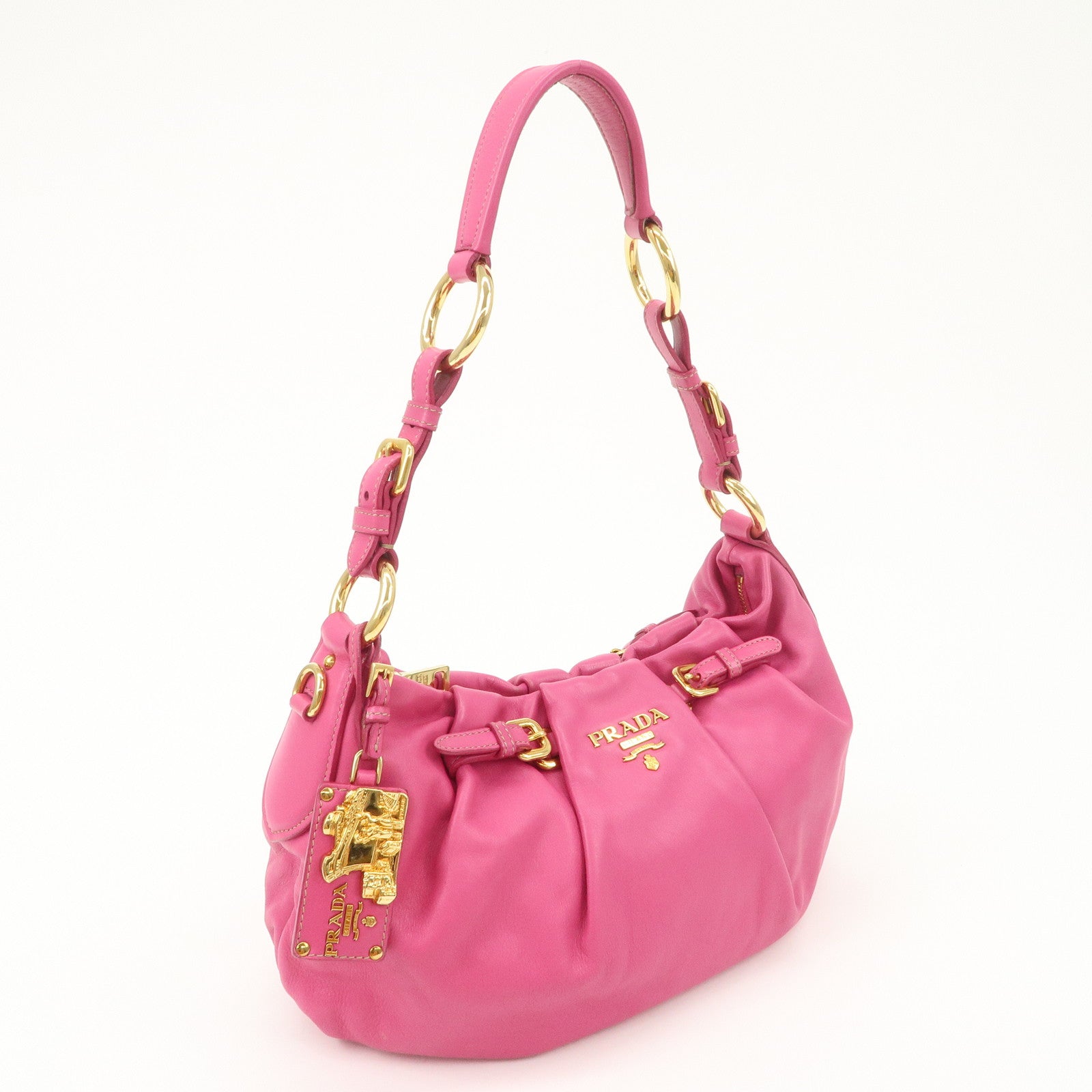 PRADA Logo Leather Shoulder Bag Pink Gold HDW