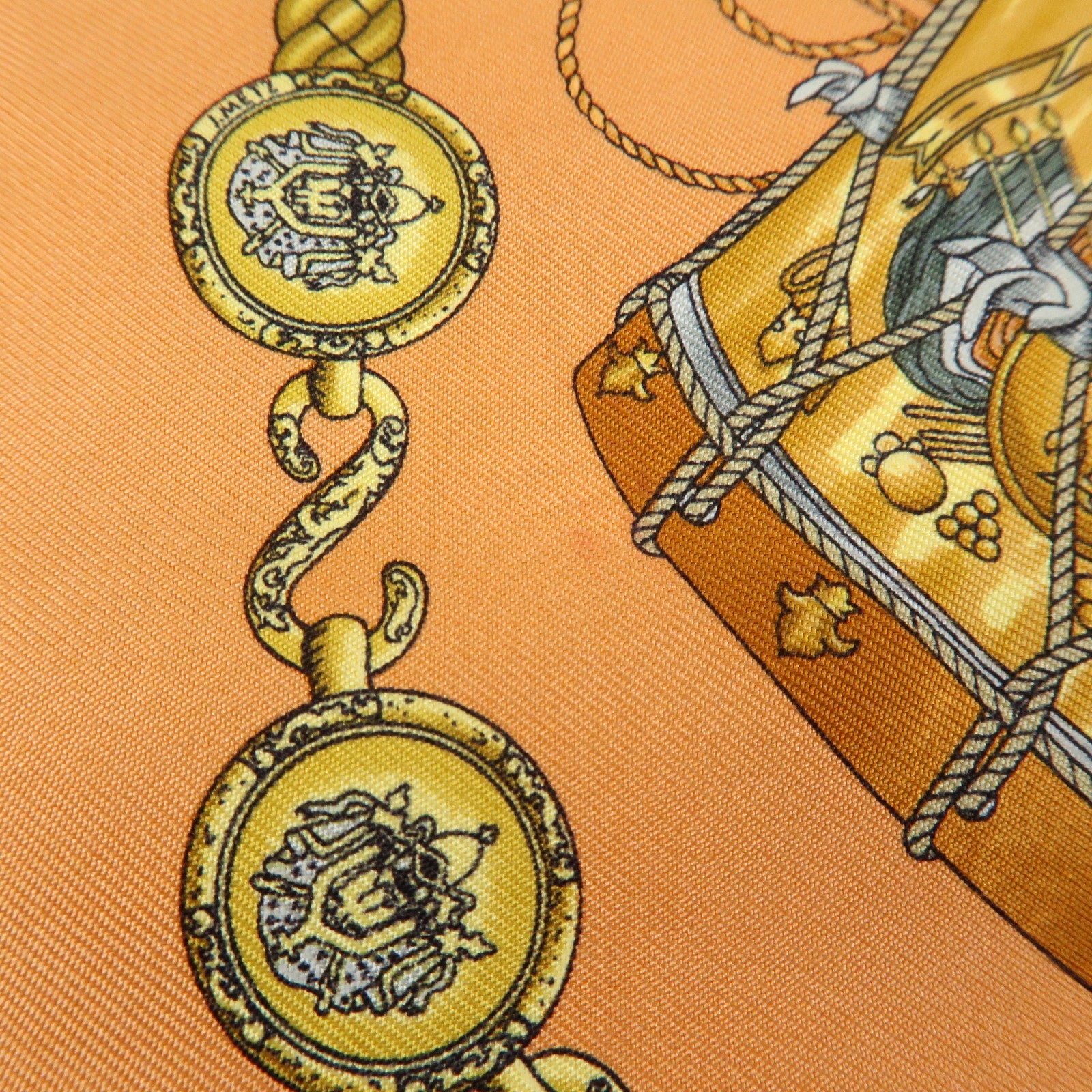 HERMES Carre 45 Silk 100% Scarf LES TAMBOURS Drum Print Orange Gold