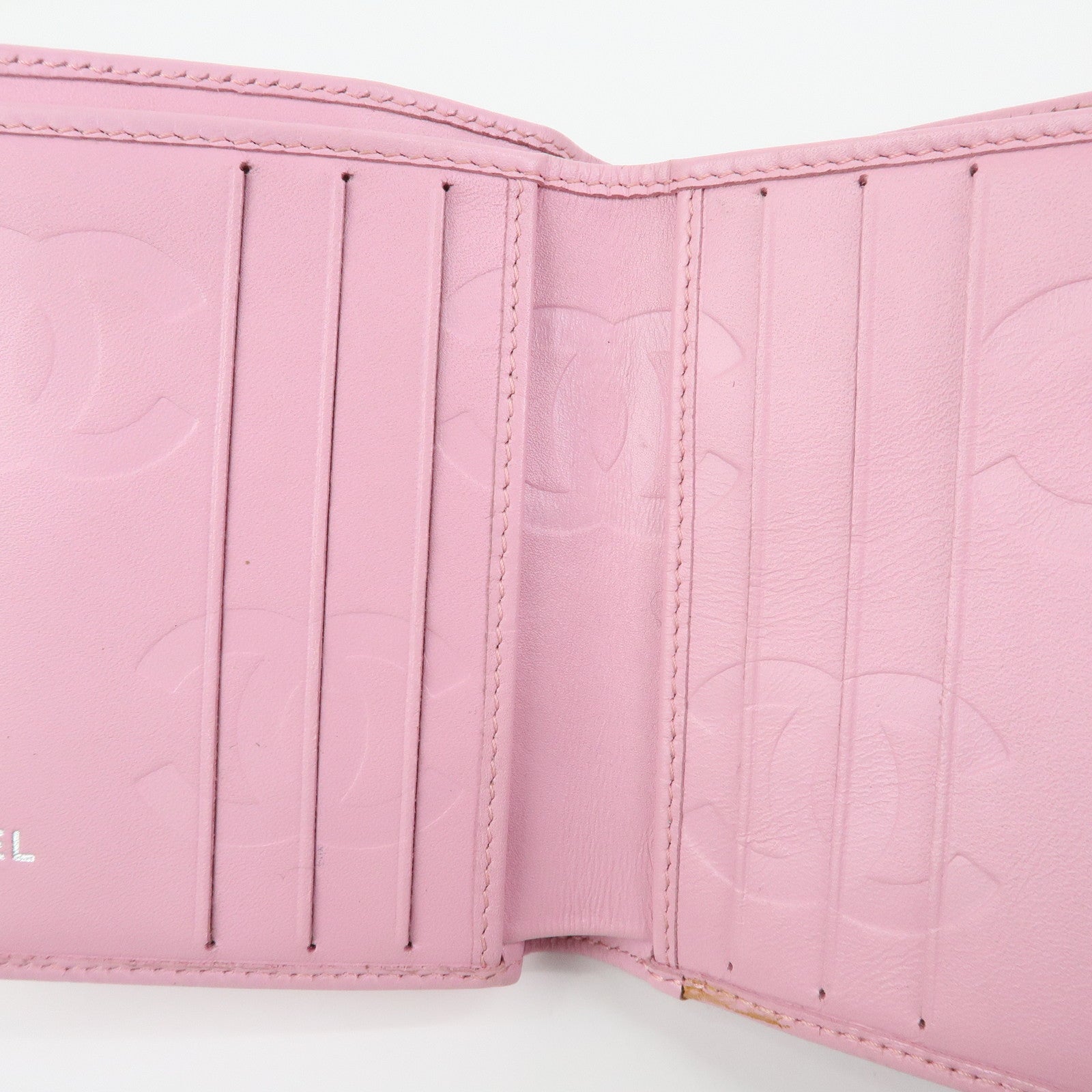 CHANEL Cambon Line Matelasse Lamb Skin Bi-fold Compact Wallet Pink