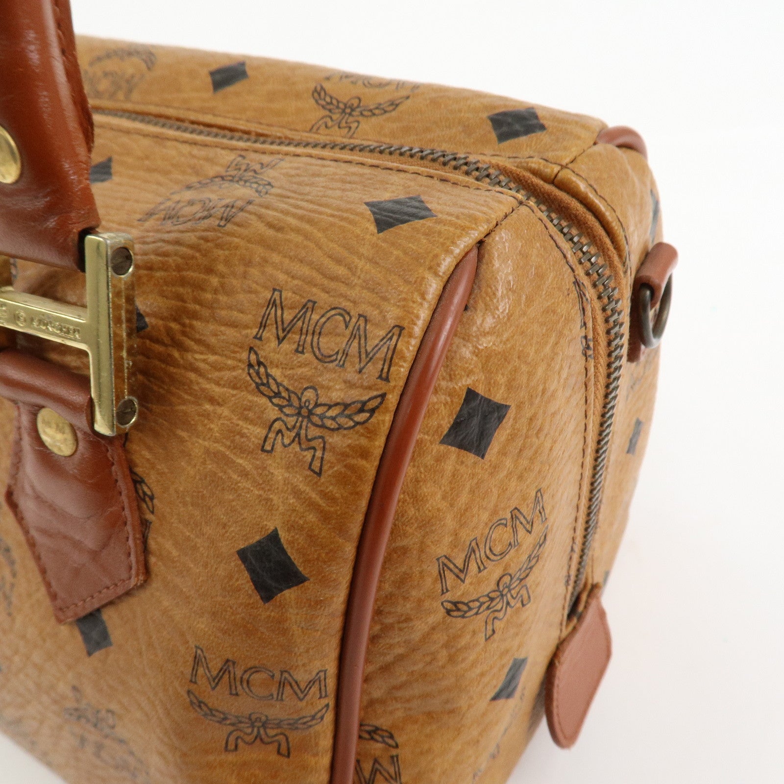 MCM Visetos Leather Boston Bag Hand Bag Brown