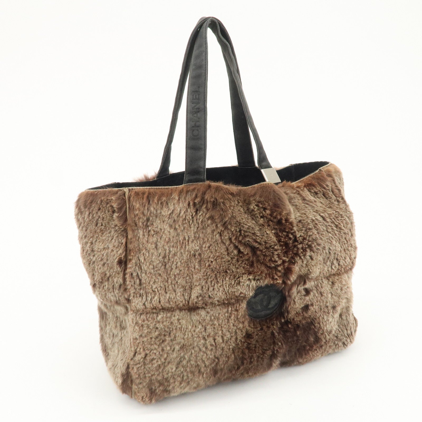 CHANEL COCO Mark Lapin Suede Tote Bag Hand Bag Shoulder Bag Brown