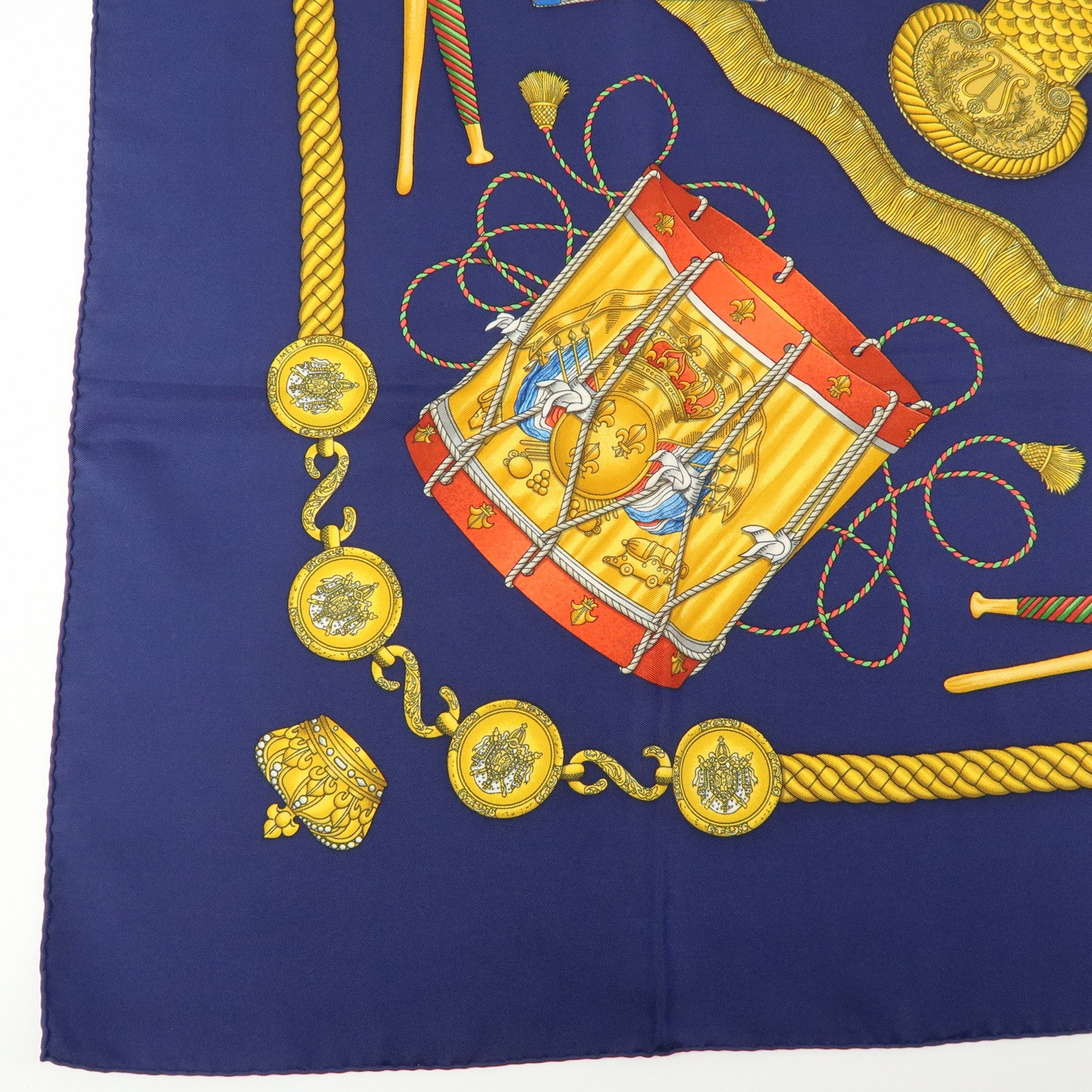 HERMES Carre 90 Silk 100% Scarf LES TAMBOURS Navy Yellow