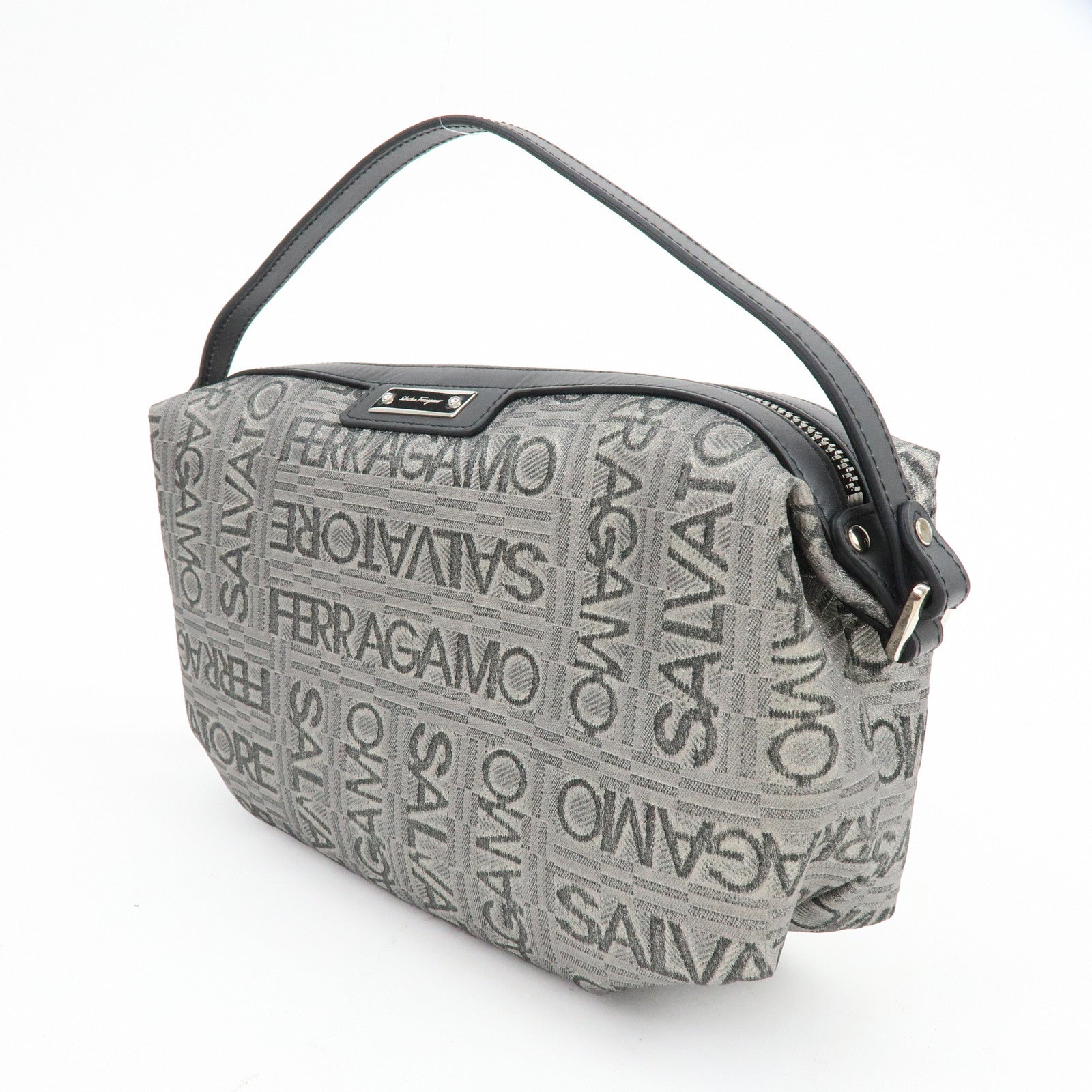 Ferragamo Gancini Logo Canvas Leather Hand Bag Pouch Silver Black
