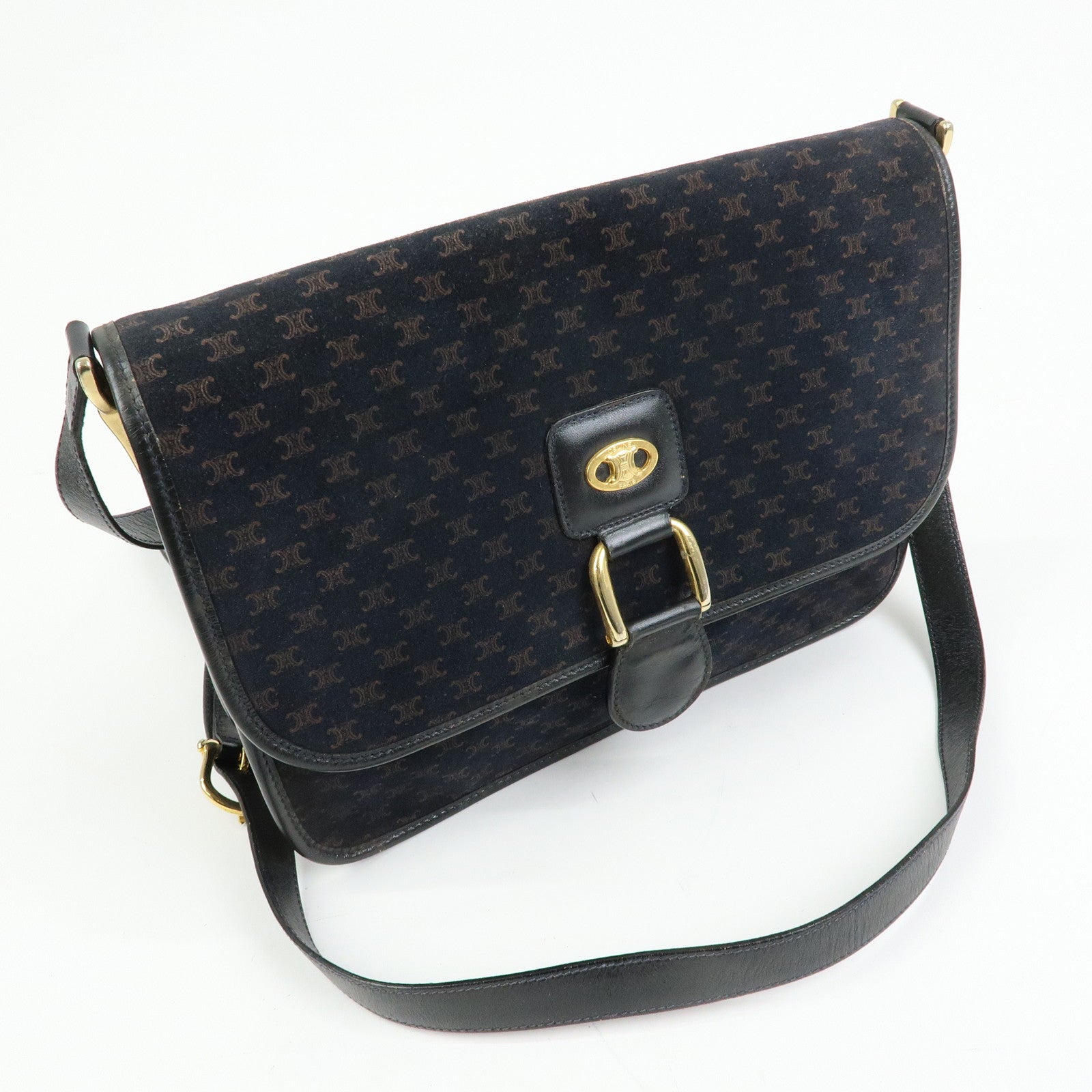 CELINE Macadam Suede Leather Shoulder Hand Bag Bag Navy