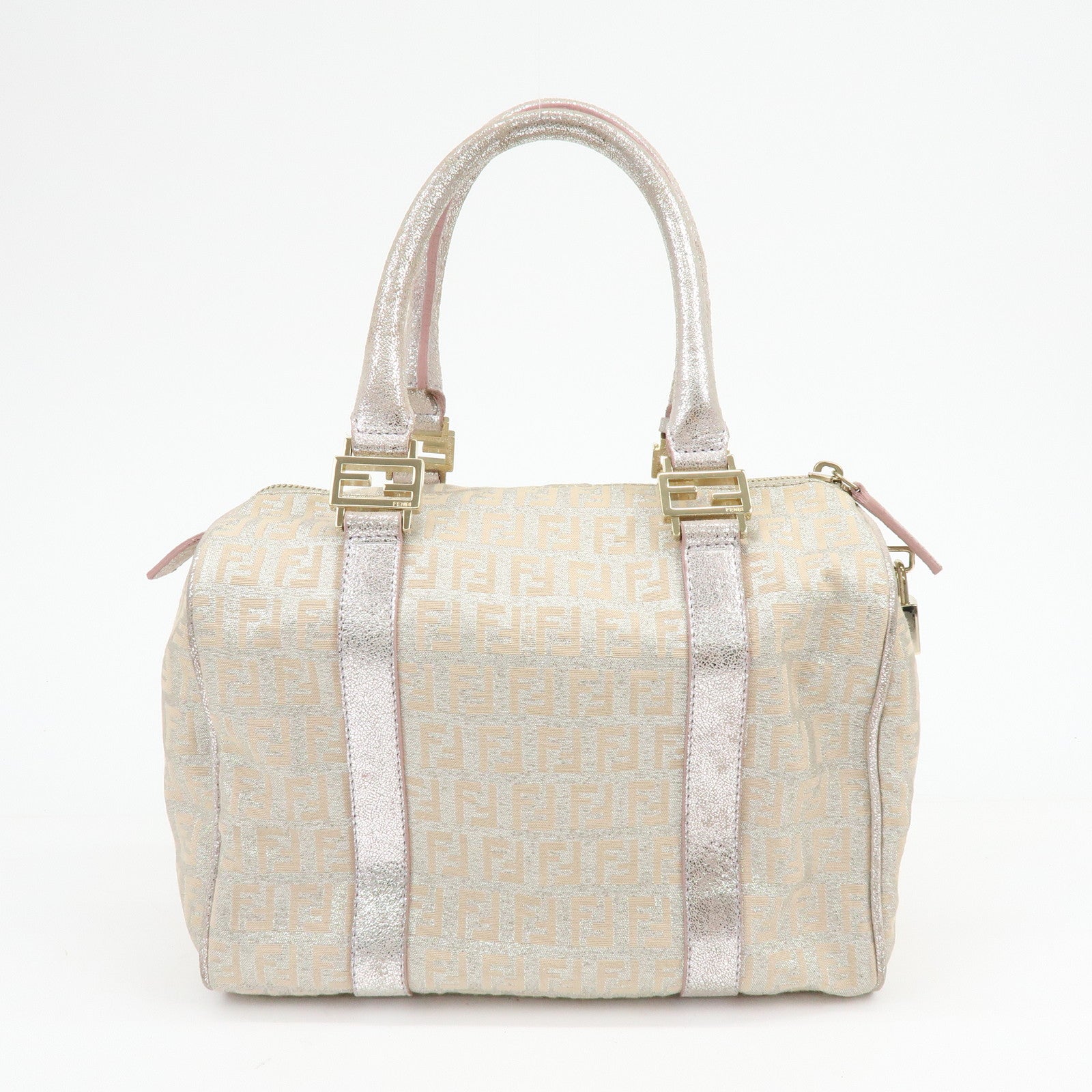 FENDI Zucchino Canvas Leather Mini Boston Bag Silver Beige 8BL068