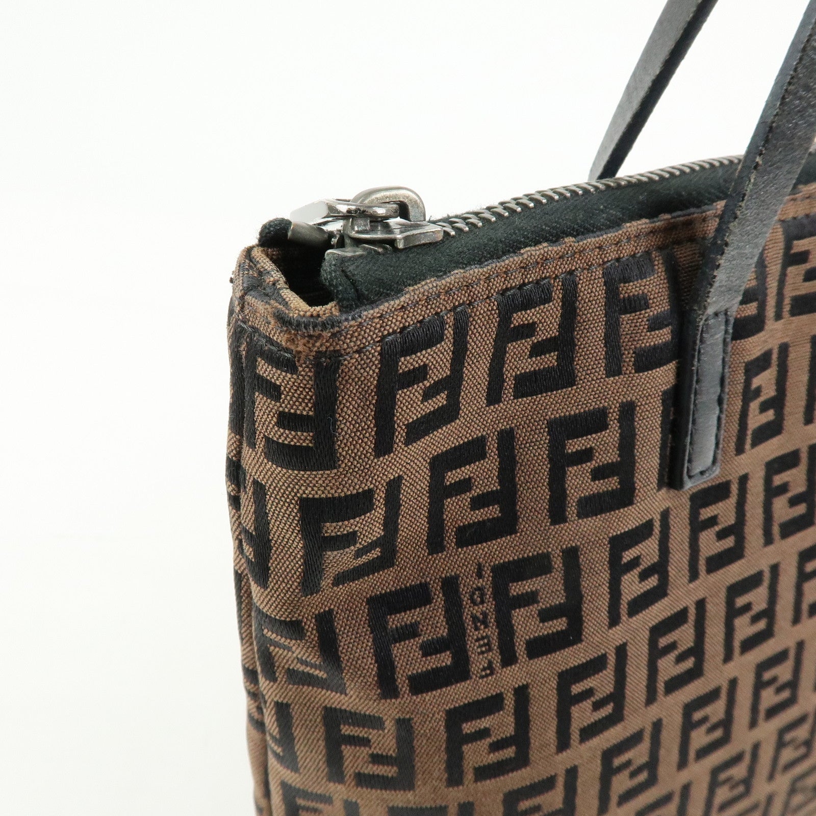 FENDI Zucchino Canvas Leather Tote Bag Hand Bag Brown Black 8BH024