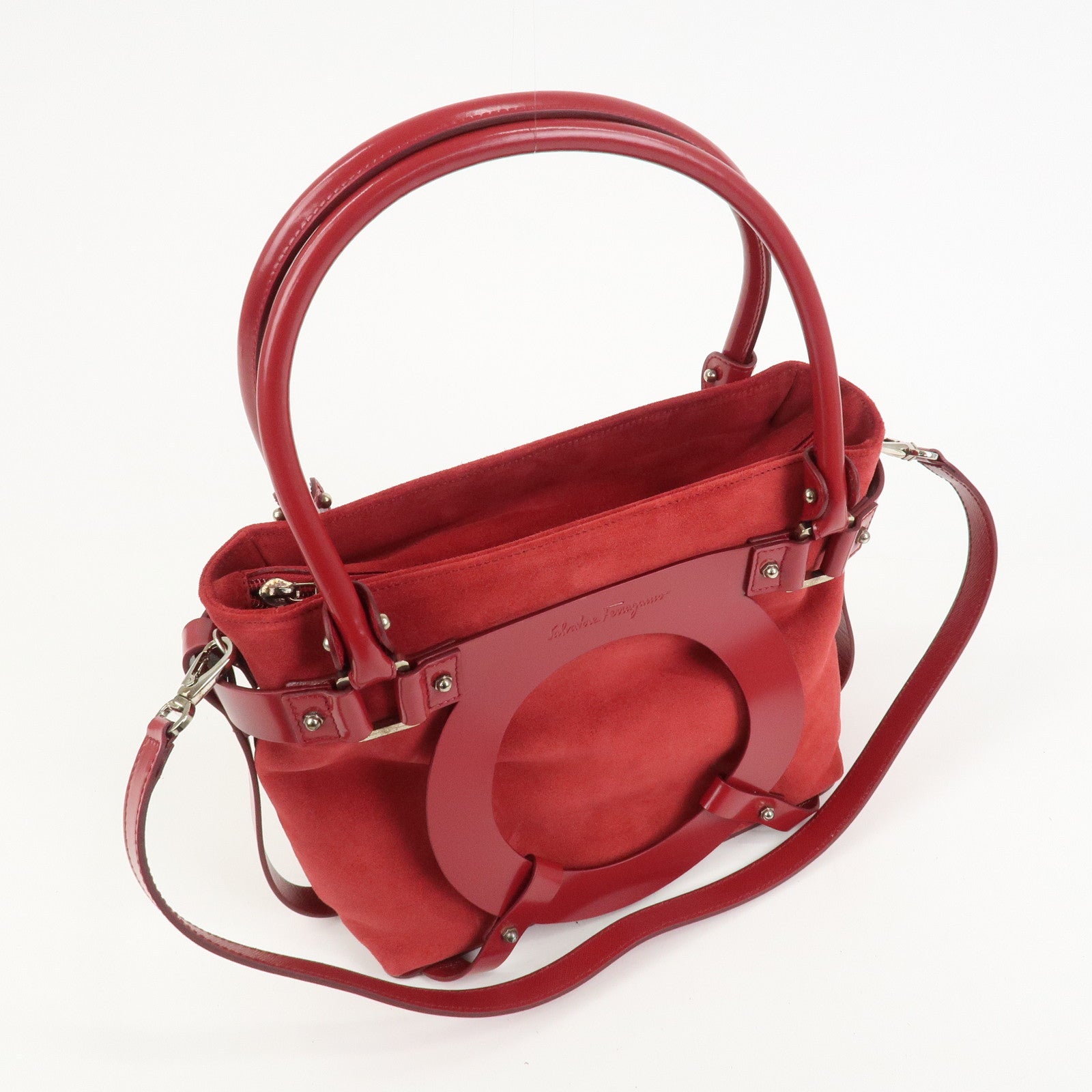 Ferragamo Gancini Suede Leather 2Way Bag Hand Bag Shoulder Bag Red