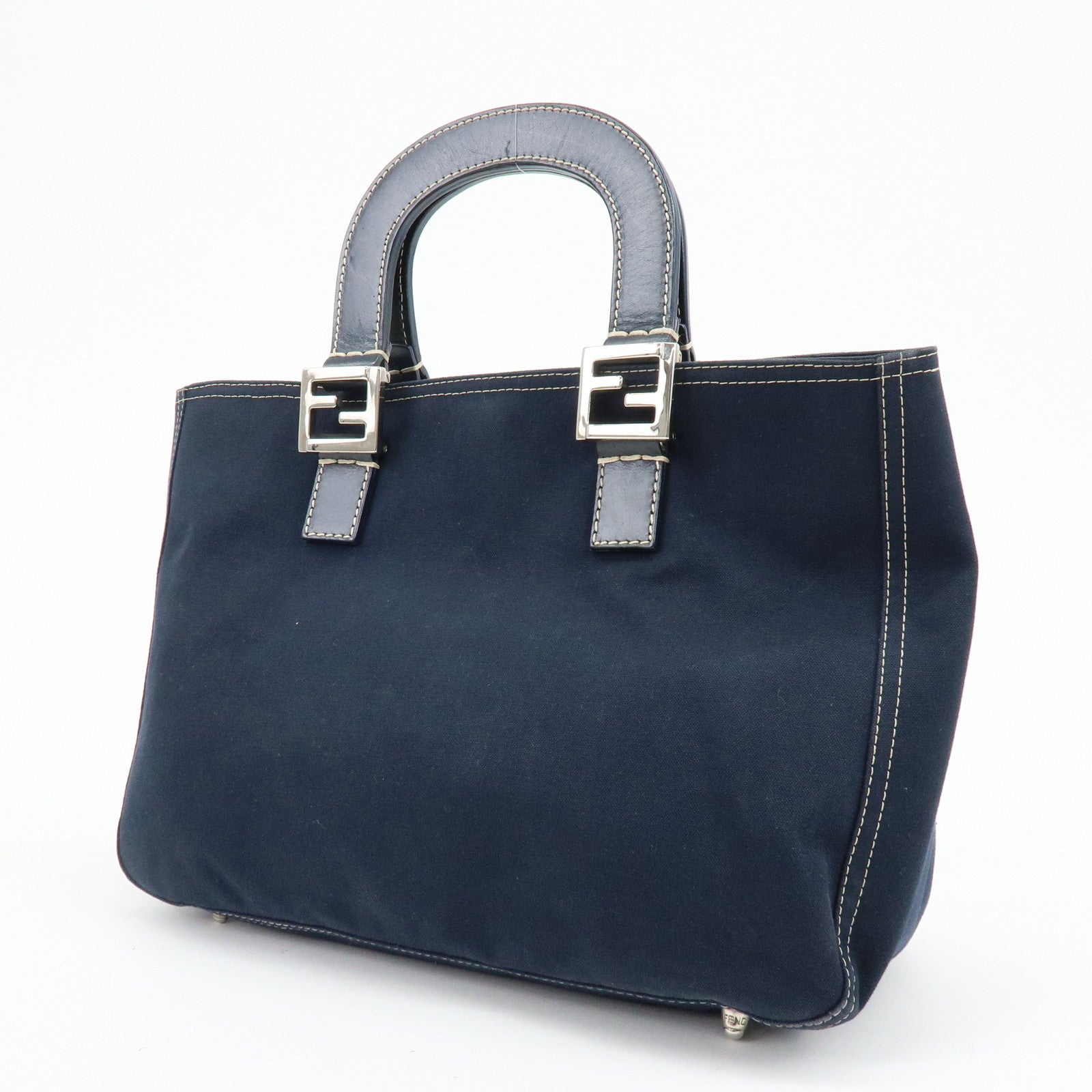 FENDI Canvas Leather Hand Bag Tote Bag Navy