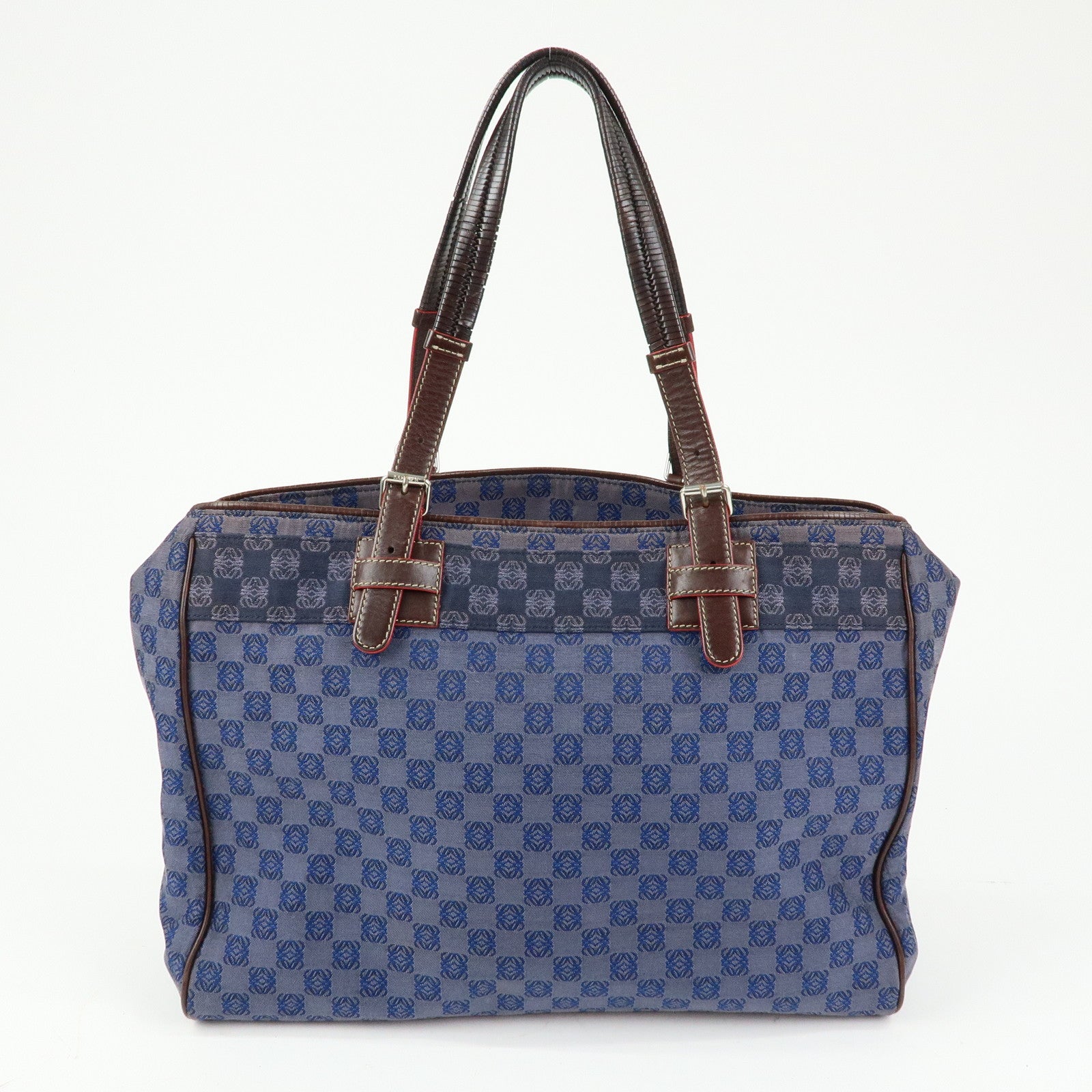 LOEWE Repeat Anagram Canvas Leather Tote Bag Hand Bag Blue Brown