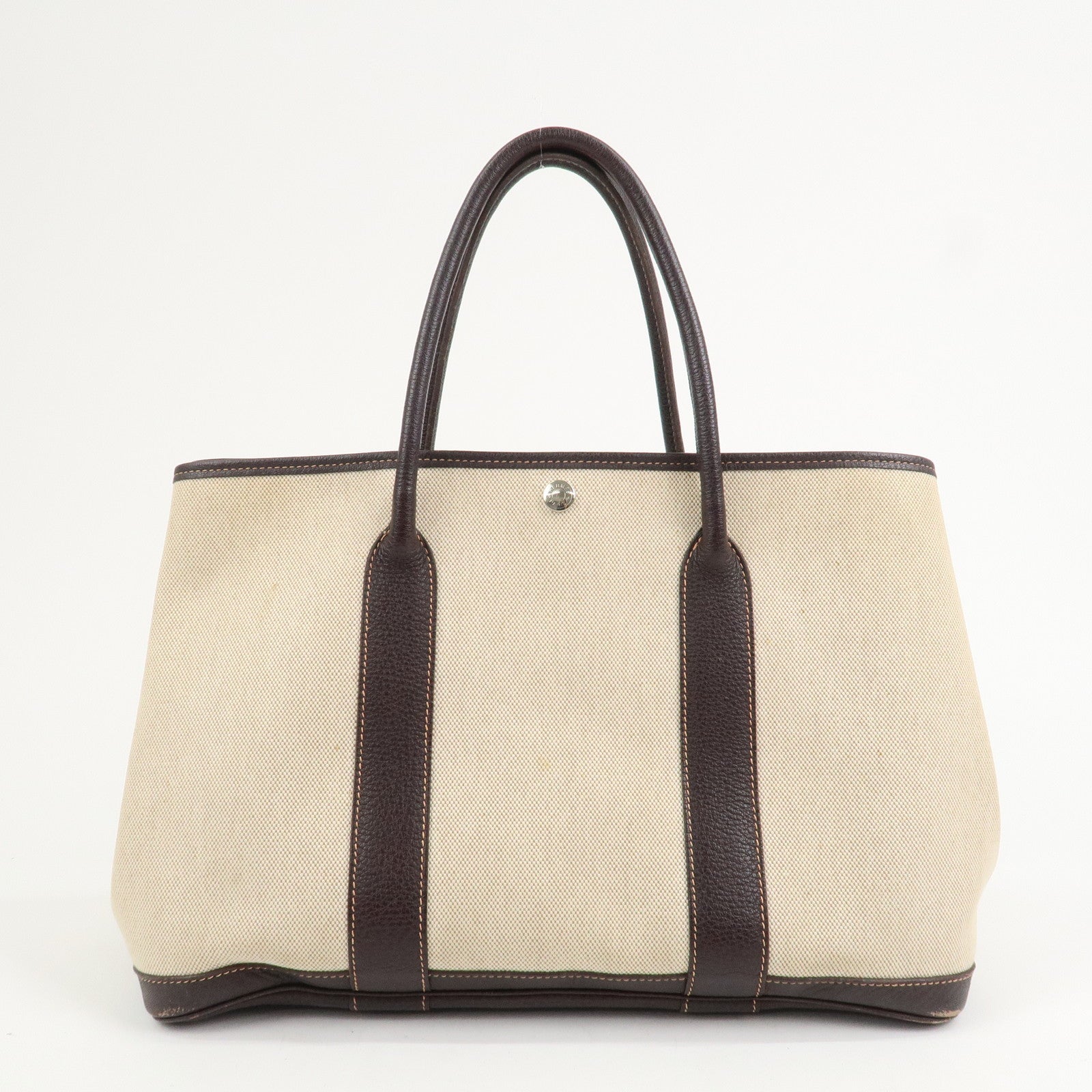 HERMES Leather Toile H Garden Party PM Tote Bag Hand Bag Natural