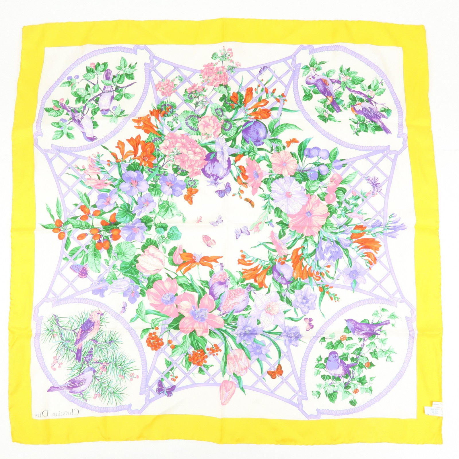 Christian Dior Silk 100% Scarf Botanical Pattern 87×87 White Yellow
