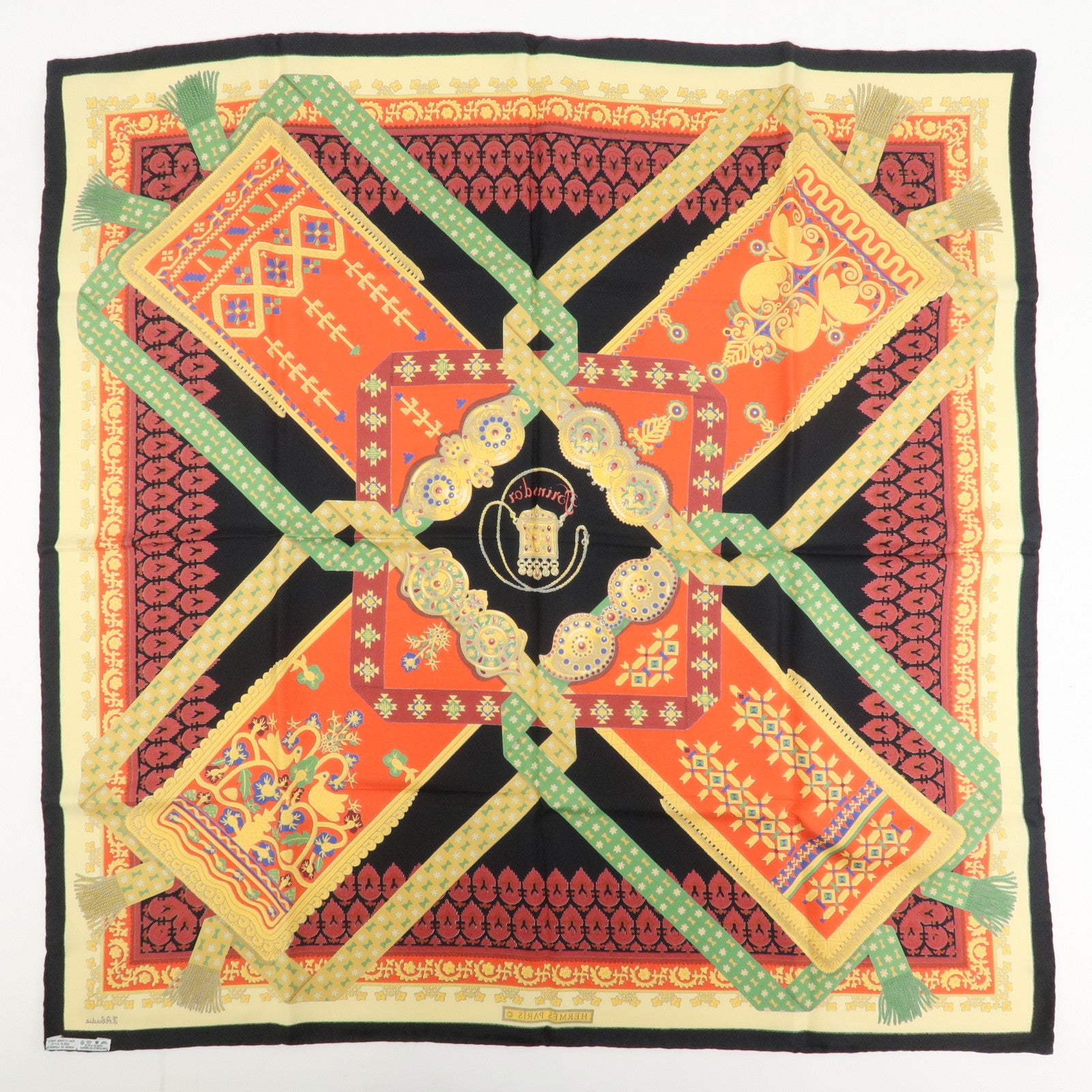 HERMES Carre 90 Silk 100% Scarf  Brins d'or Black Red