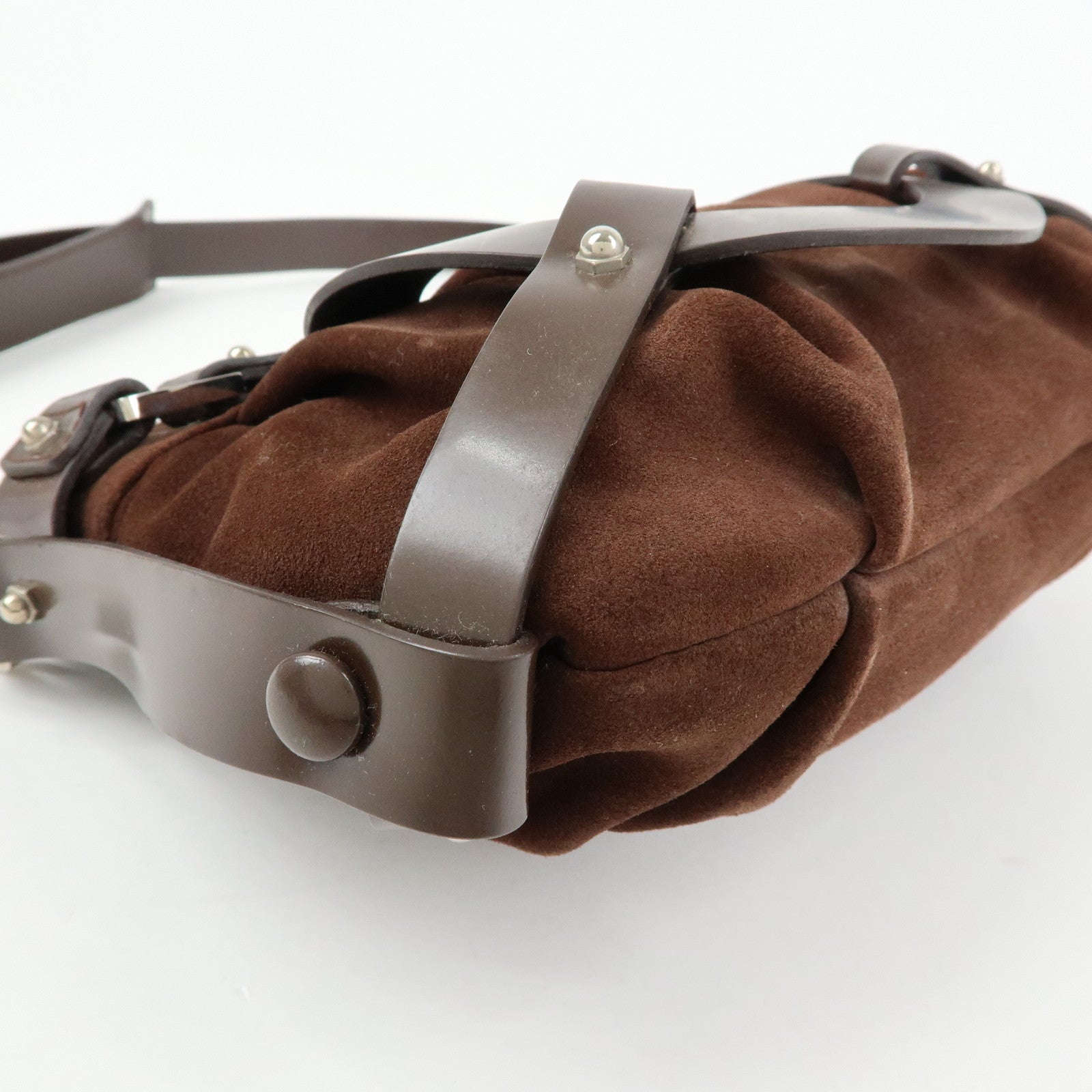 Ferragamo Gancini Suede Leather Hand Bag Shoulder Bag Dark Brown