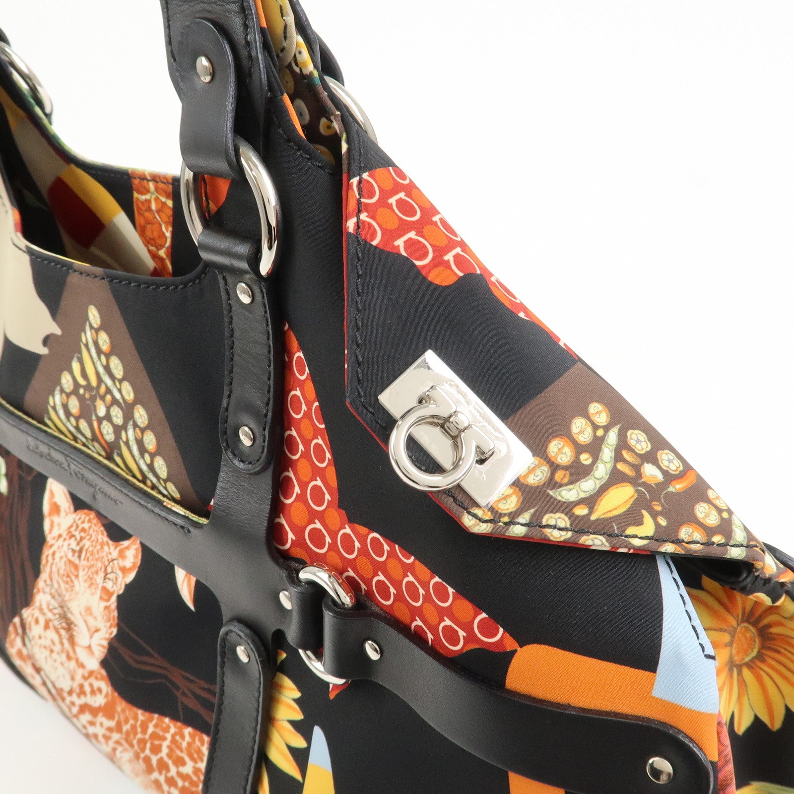 Ferragamo Nylon Leather Hand Bag Shoulder Bag Black Multicolor