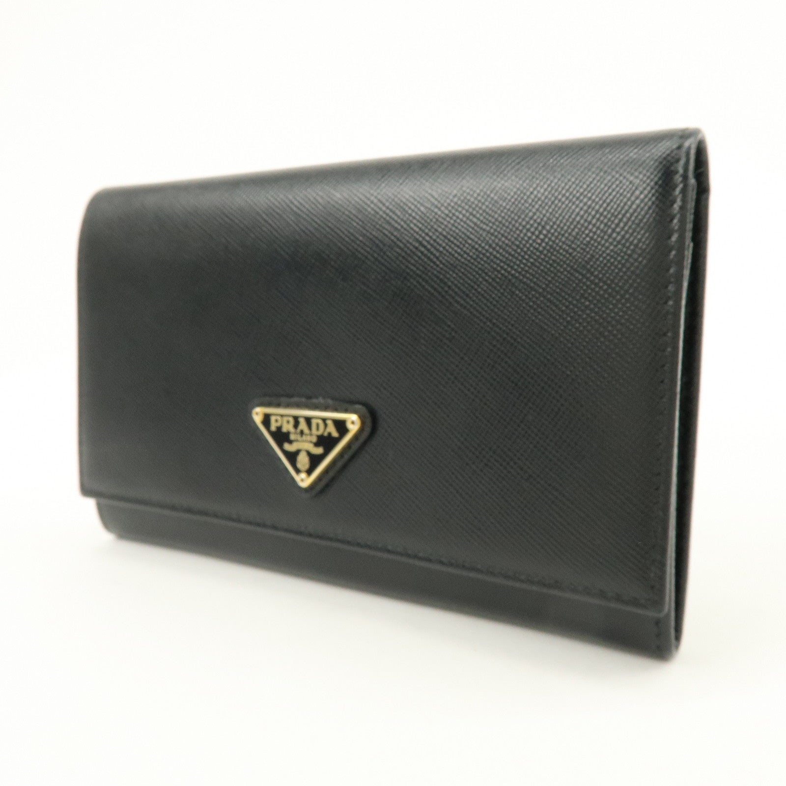 PRADA Triangle Logo Saffiano Leather Bi-fold Flap Wallet Black