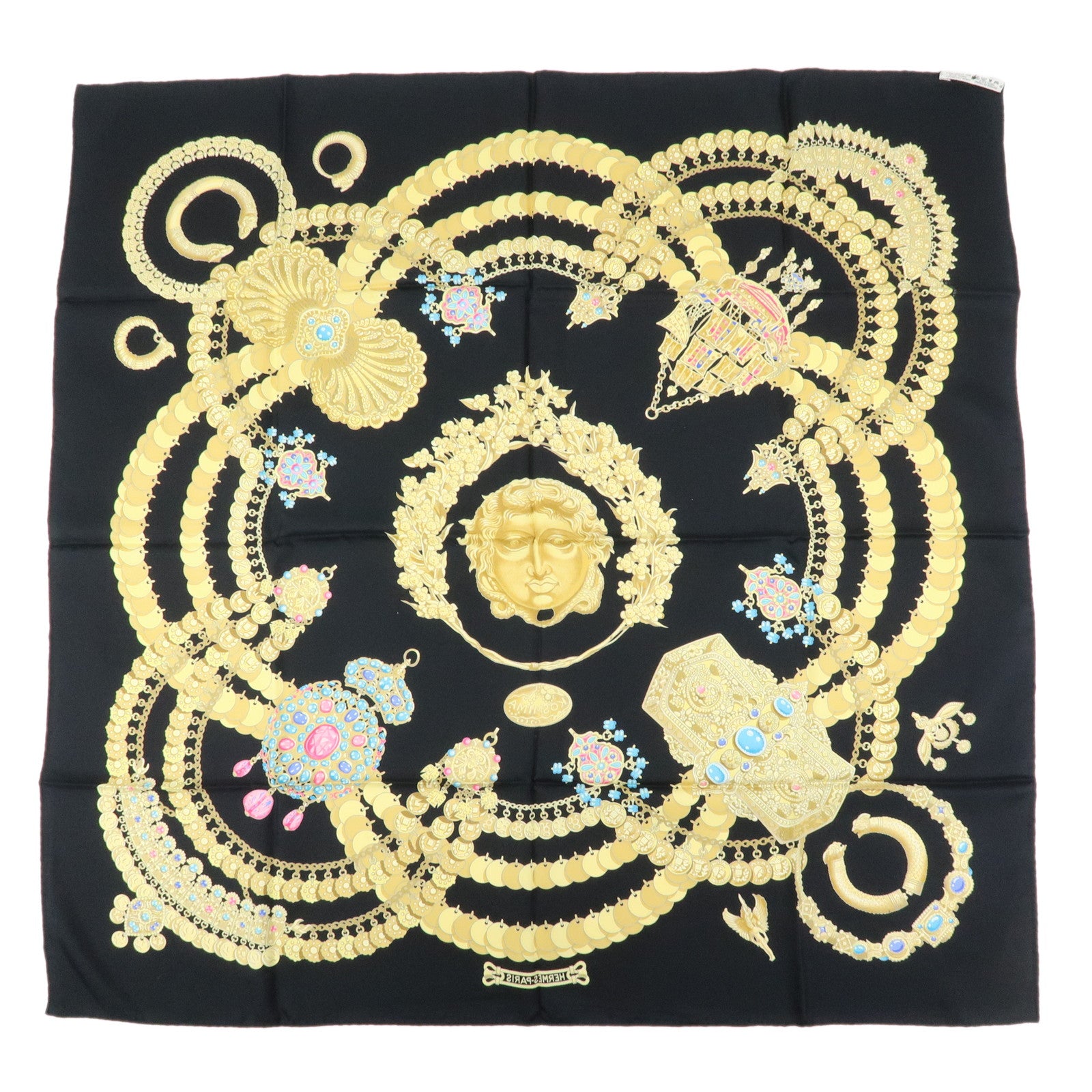 HERMES Carre 90 Silk 100% KOSMIMA Scarf Black Yellow