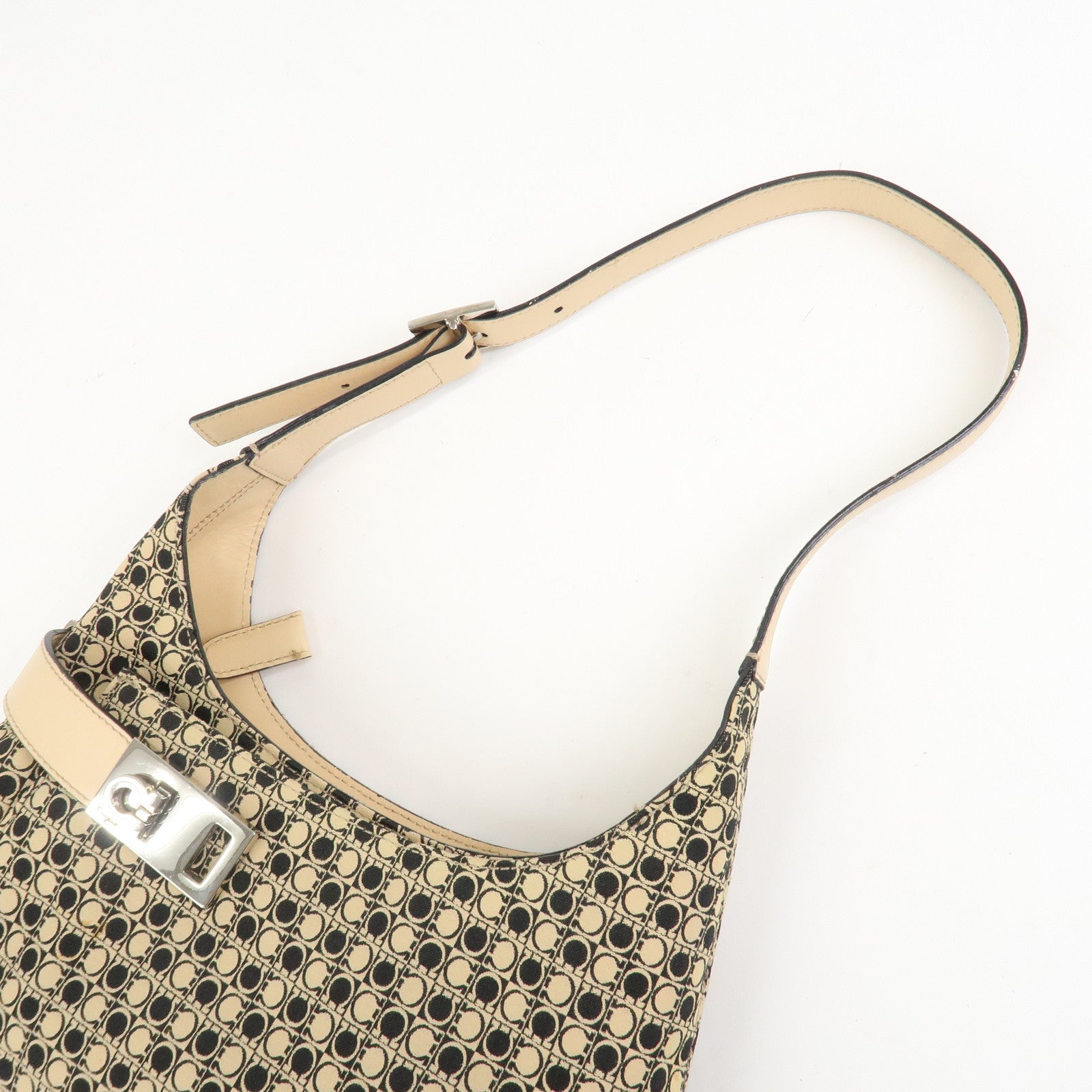 Ferragamo Gancini Canvas Leather Shoulder Bag Hand Bag Beige Black