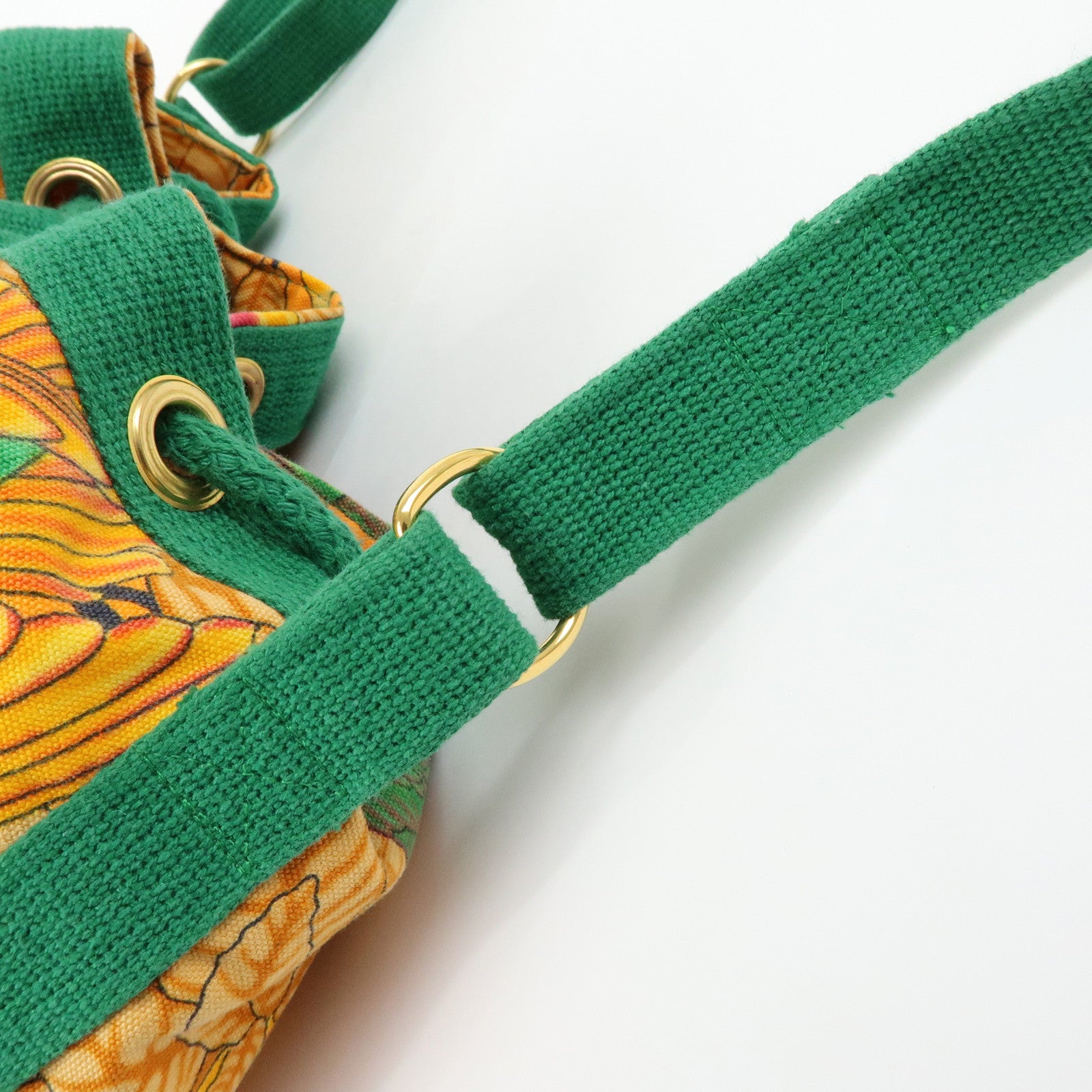 HERMES Canvas Drawstring Shoulder Bag Crossbody Bag Orange Green