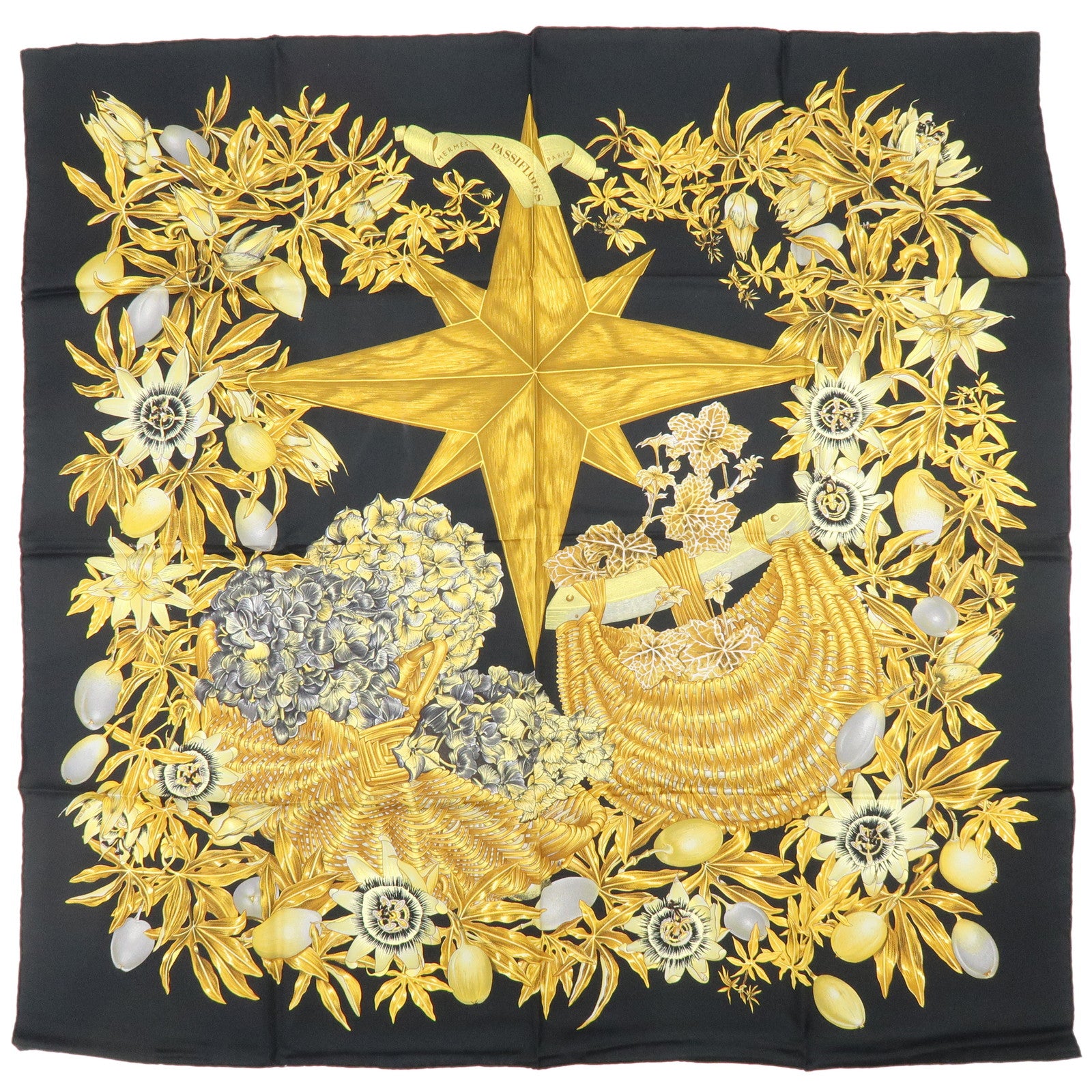 HERMES Carre 90 Silk 100% Scarf PASSIFLORES Black Gold