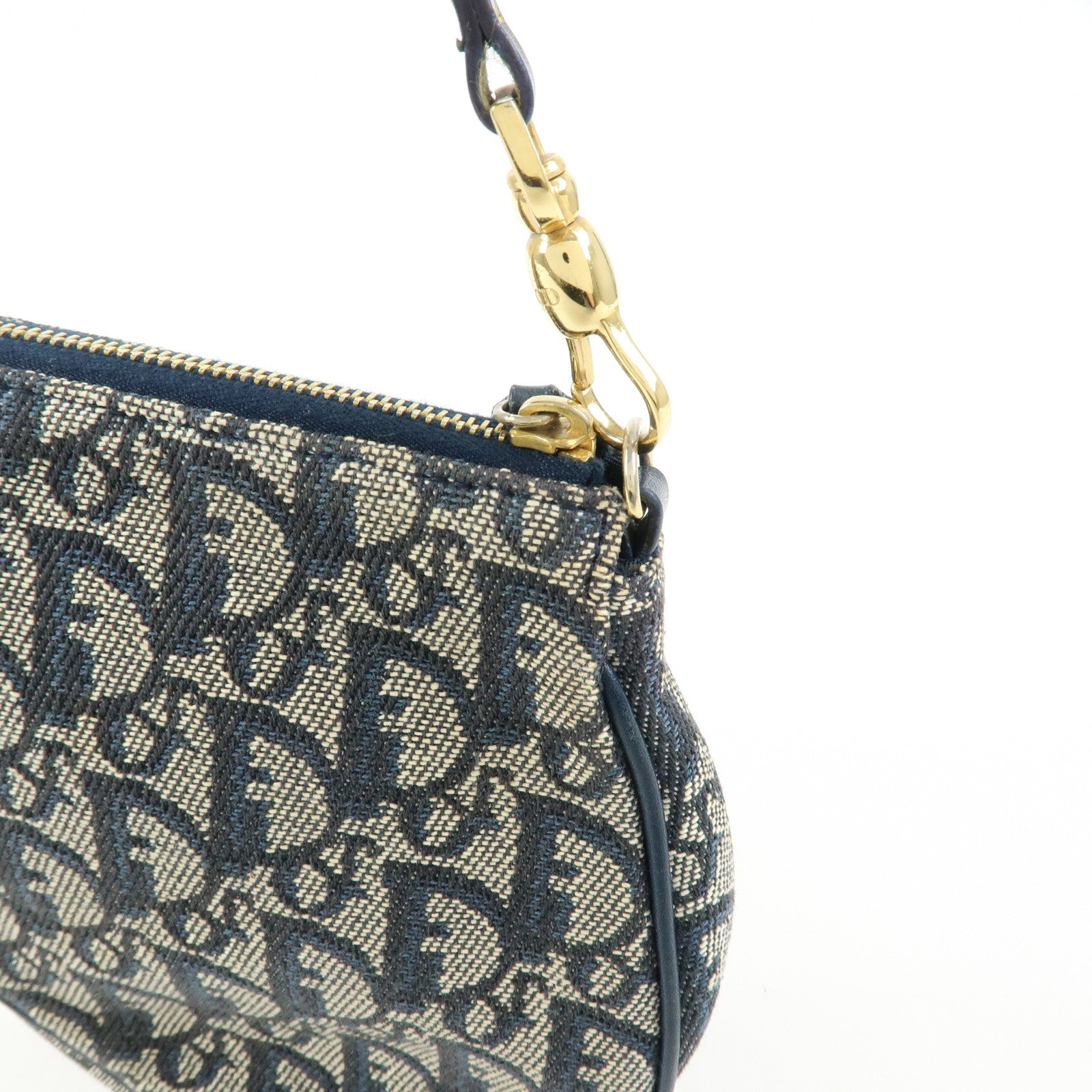 Christian Dior Saddle Oblique Canvas Leather Hand Bag Navy White