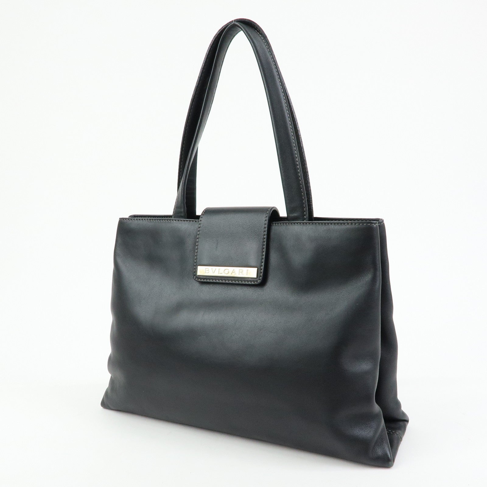 BVLGARI Leather Tote Bag Hand Bag Shoulder Bag Black