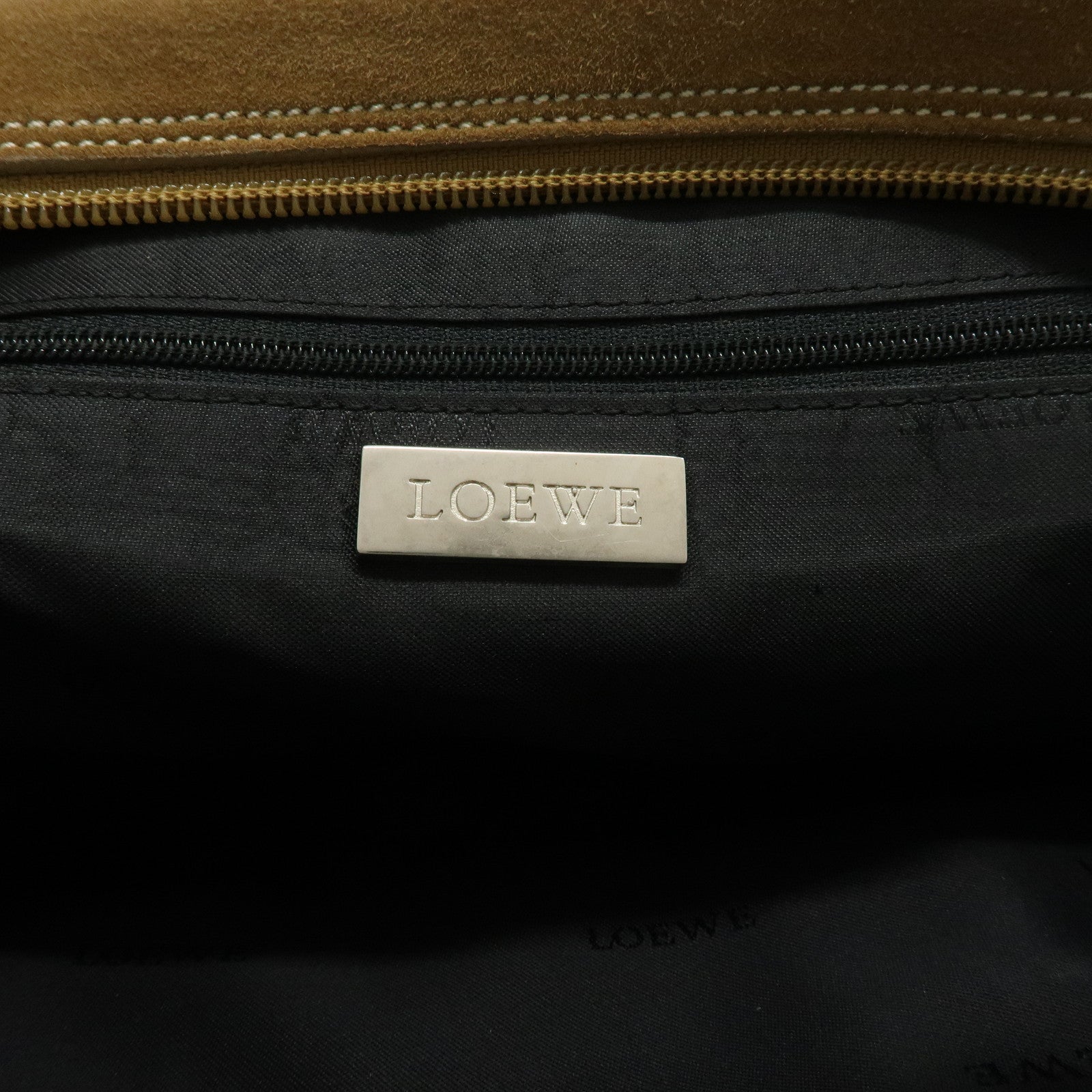 LOEWE Anagram Leather Suede Punching Boston Bag Beige Used