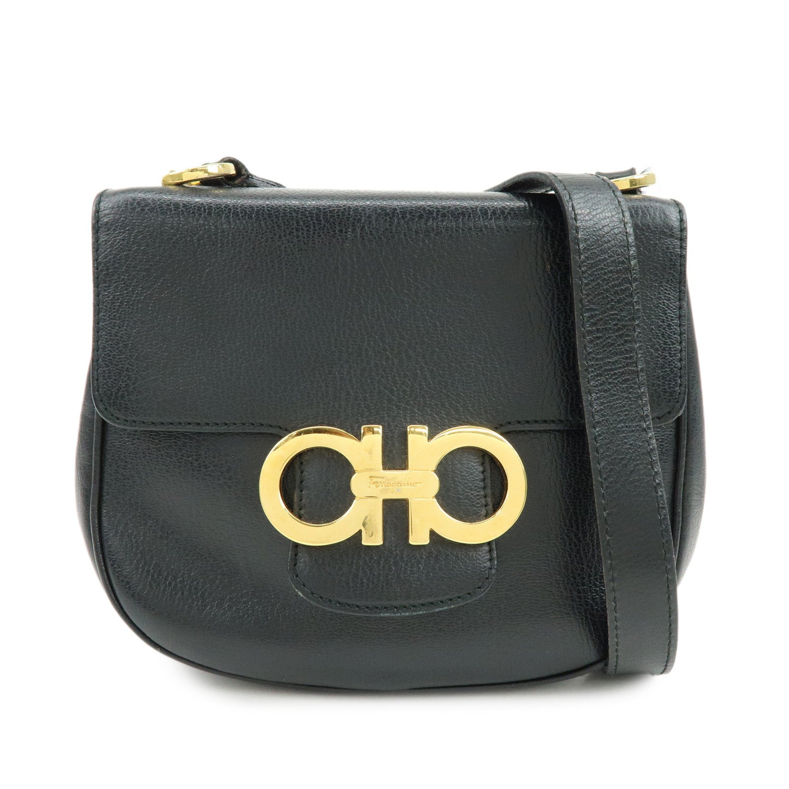 Ferragamo Gancini Leather Shoulder Bag Crossbody Bag Black