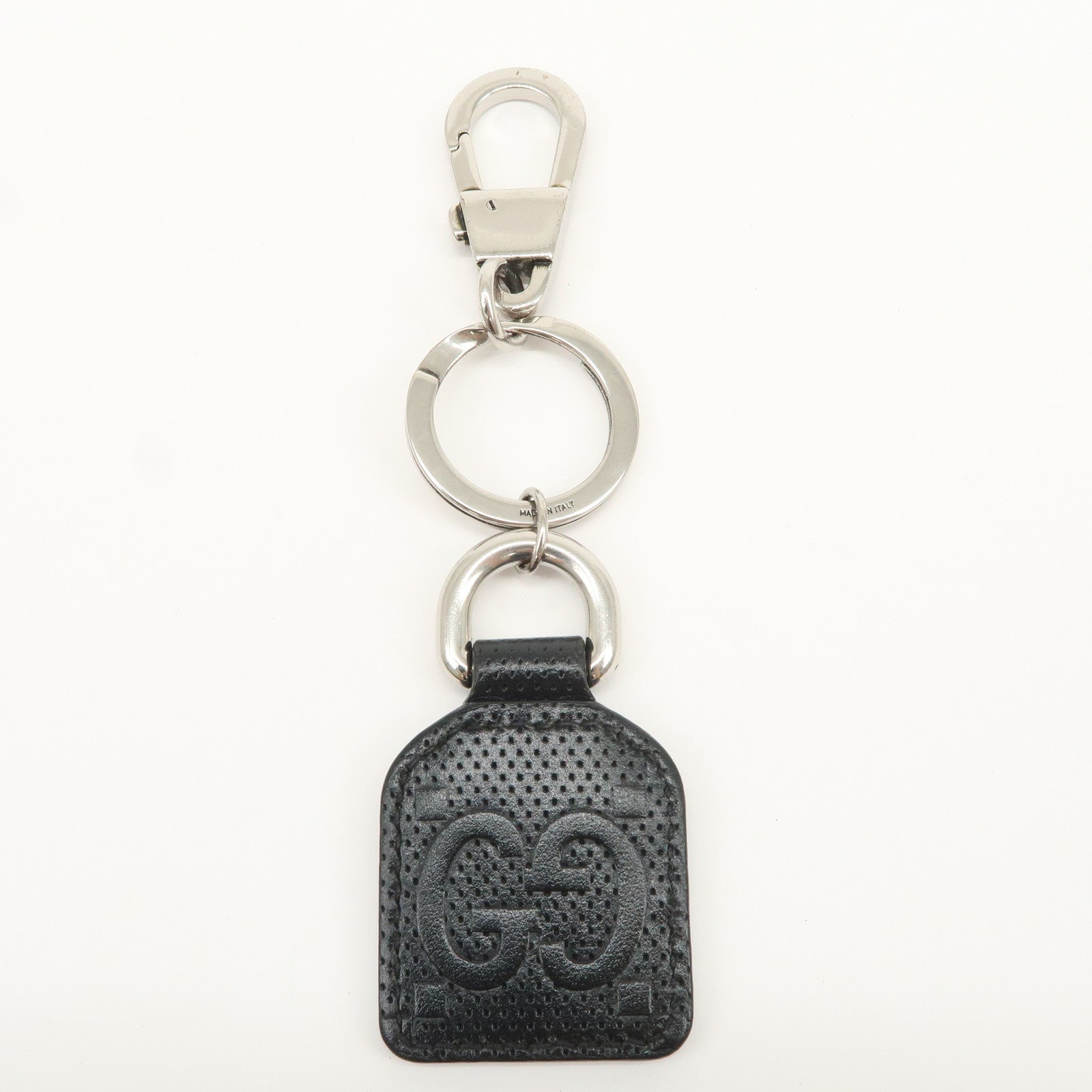 GUCCI GG Embossed Leather Metal Bag Charm Key Chain Black 625607