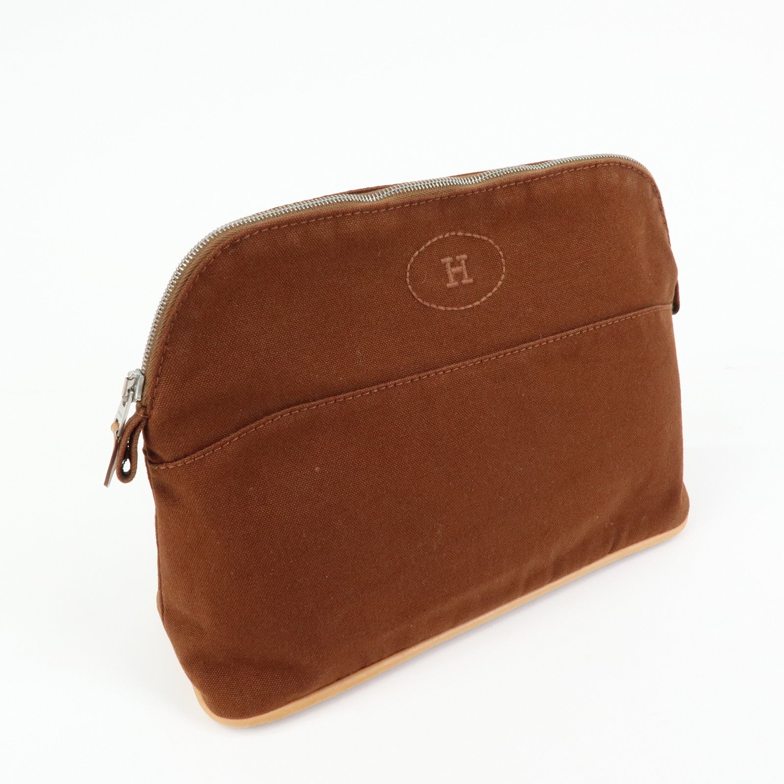 HERMES Bolide MM Cotton Leather Cosmetic Pouch Brown Beige