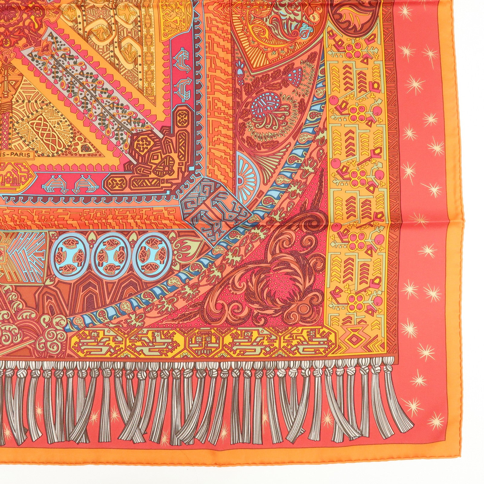 HERMES Carre 90 Silk 100% Scarf SUR UN TAPIS VOLANT Orange Red Blue