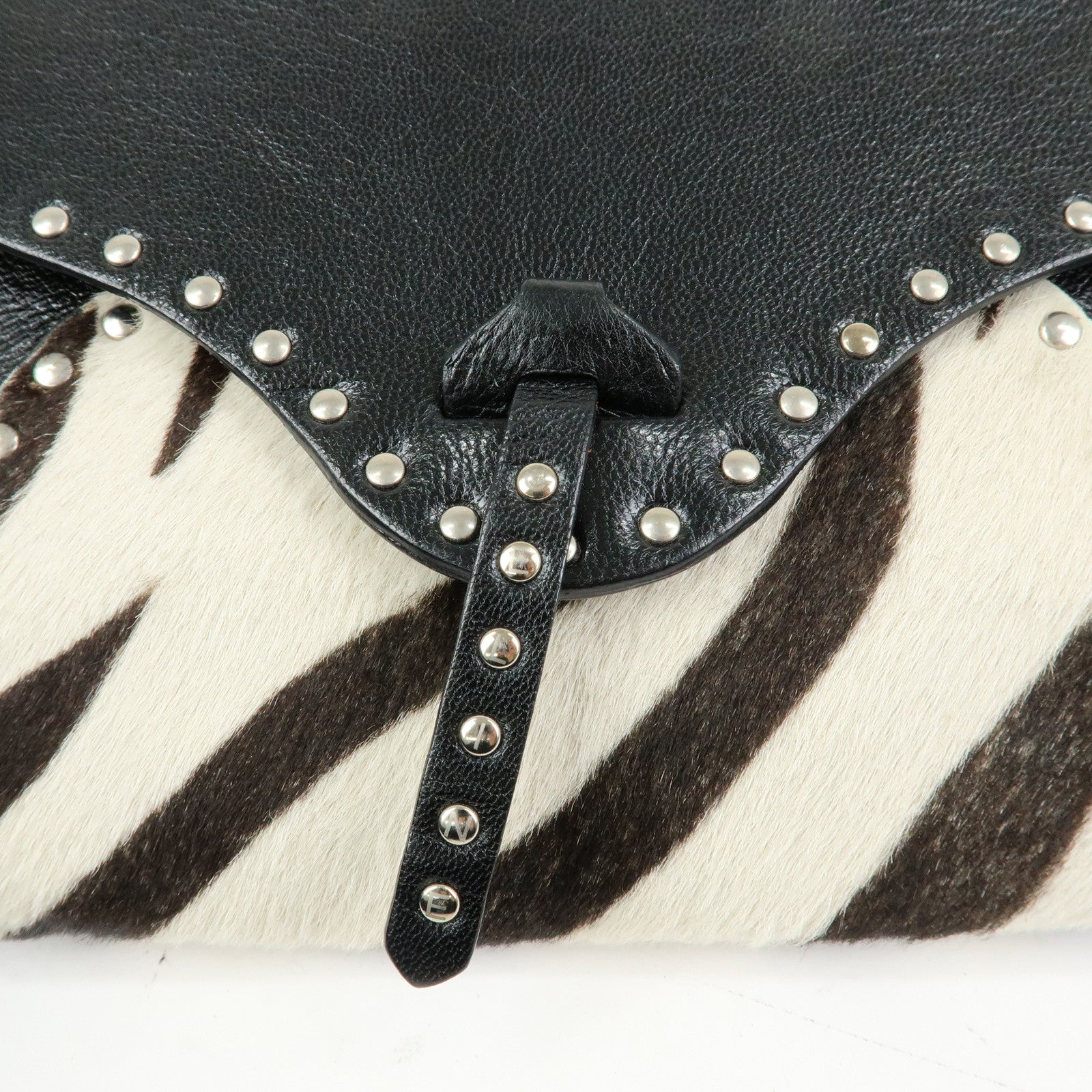 CELINE Haircalf Leather Studs Hand Bag Zebra Print Black White