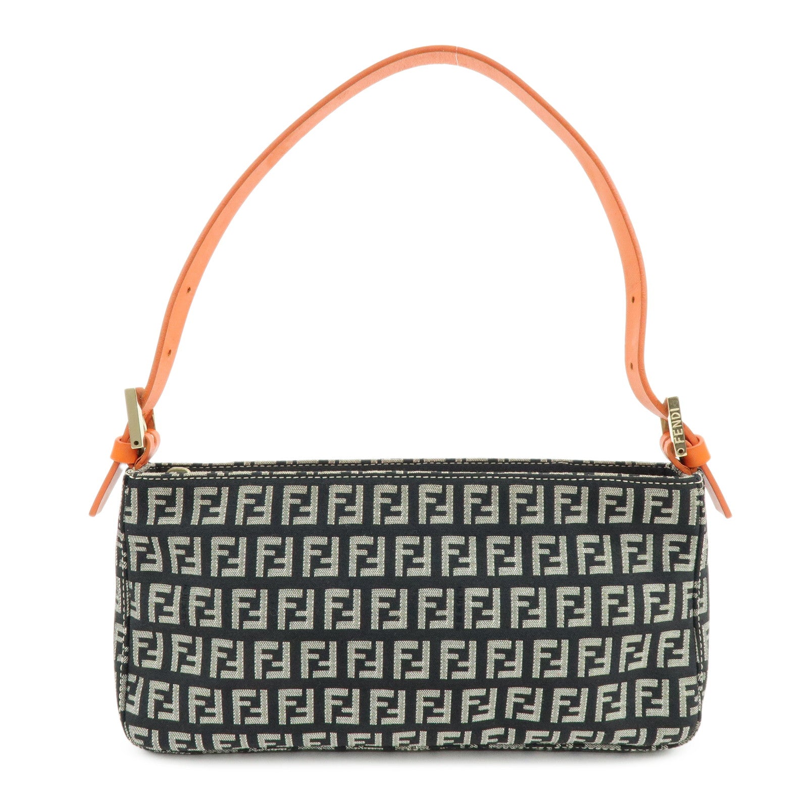 FENDI Zucchino Canvas Leather Shoulder Bag Black Orange 8BR042