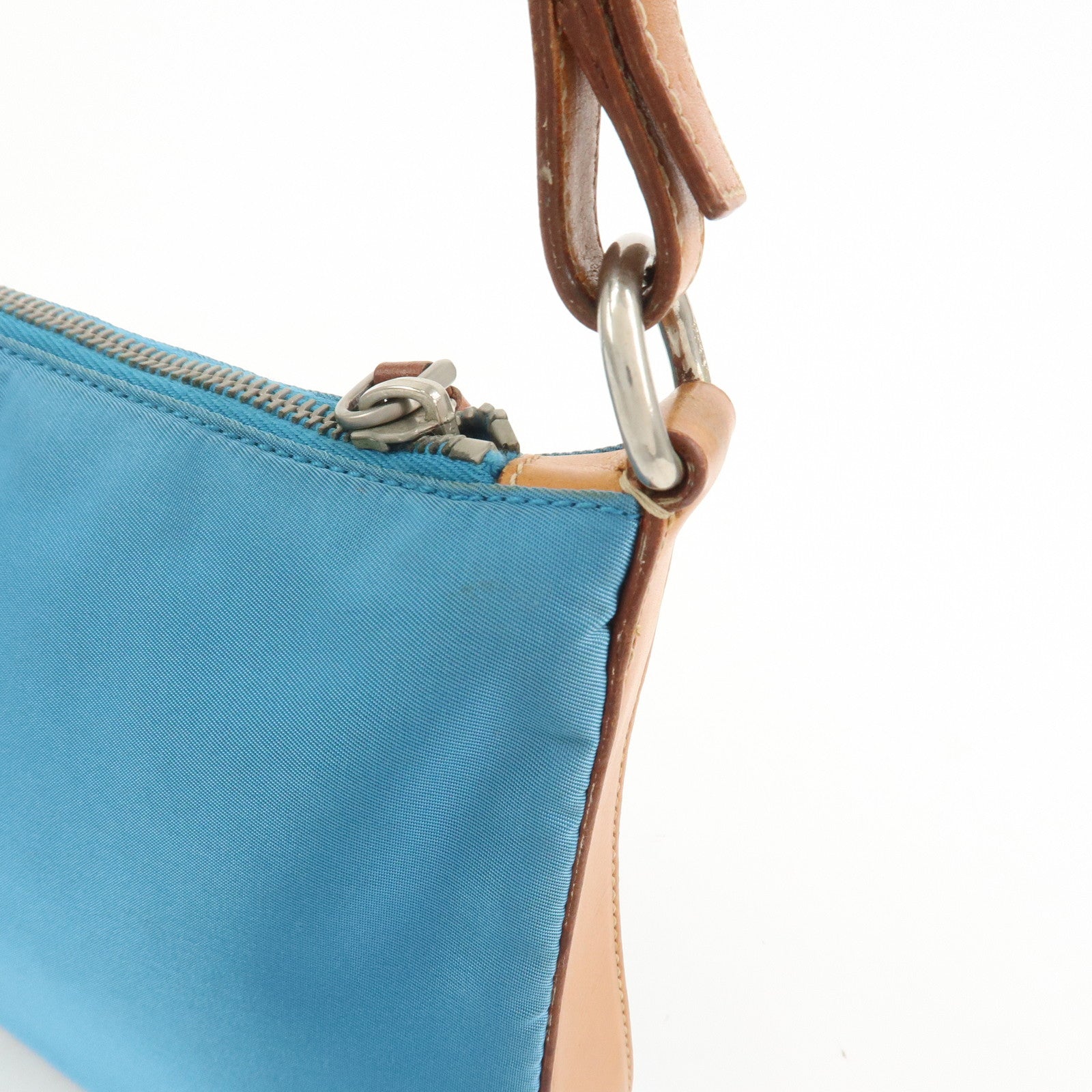 PRADA Triangle Logo Nylon Leather Shoulder Bag Blue Brown BR2205