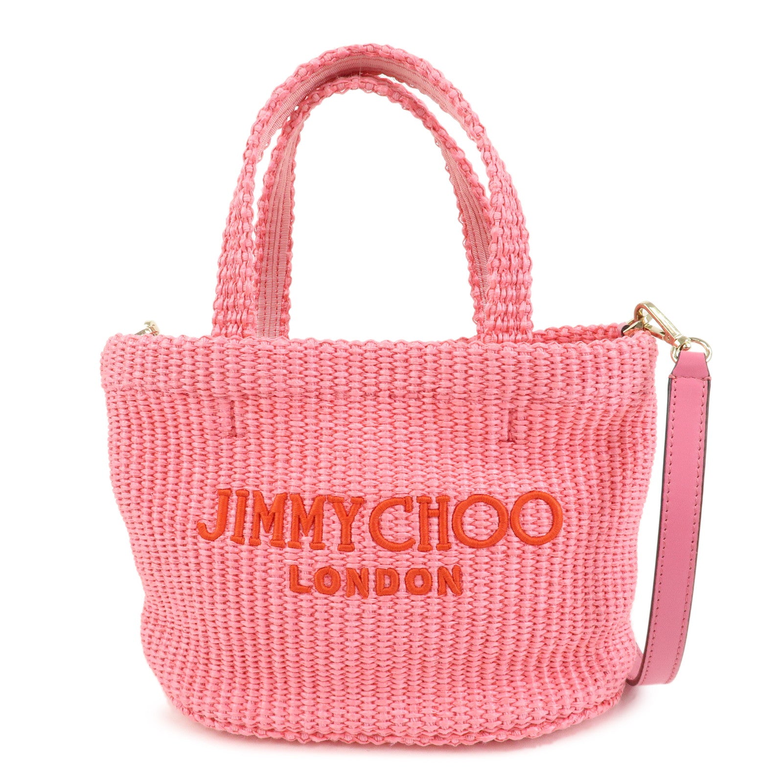 JIMMY CHOO Raffia Leather Beach Tote East West Mini 2Way Bag Pink