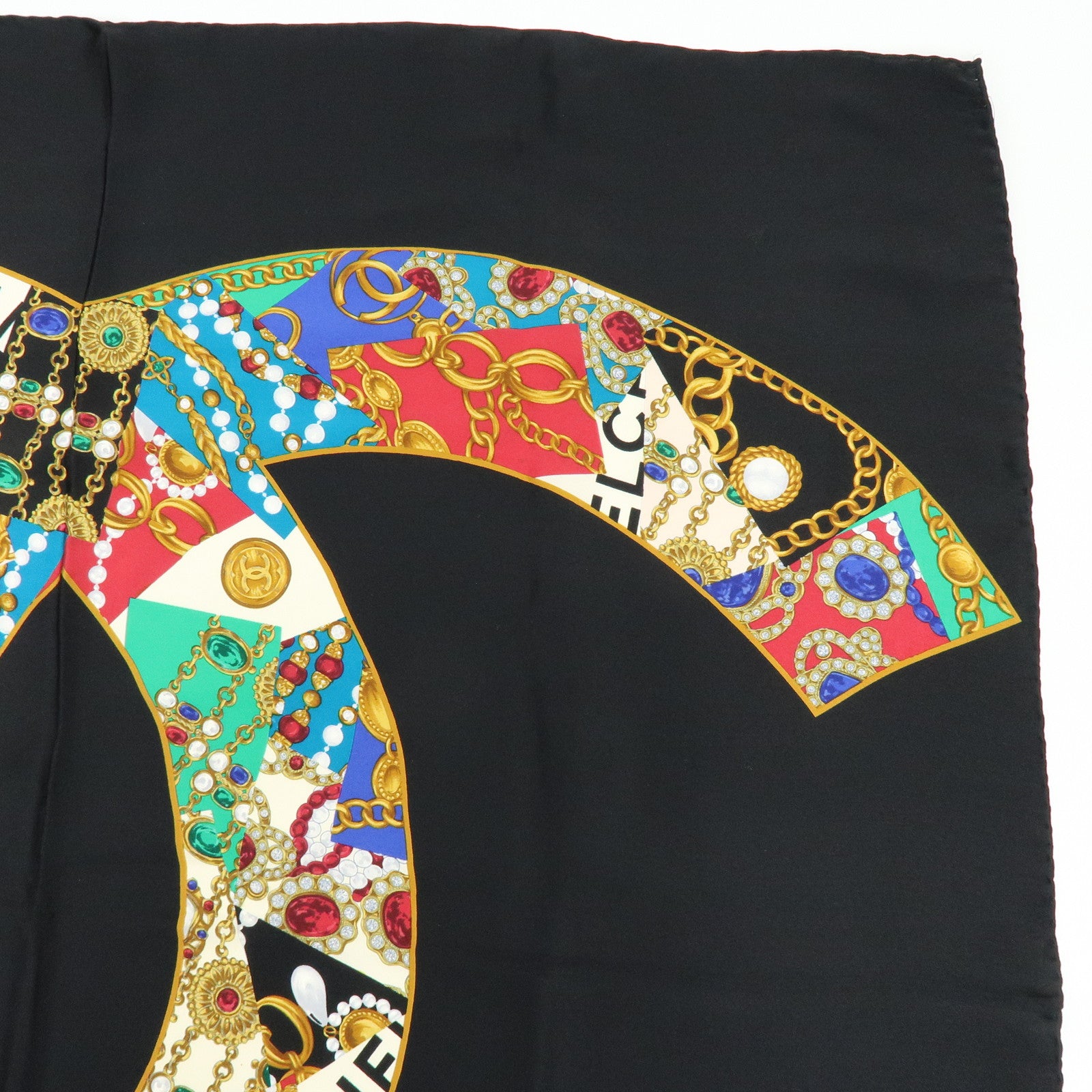 CHANEL COCO Mark Silk 100% Scarf Black Multicolor