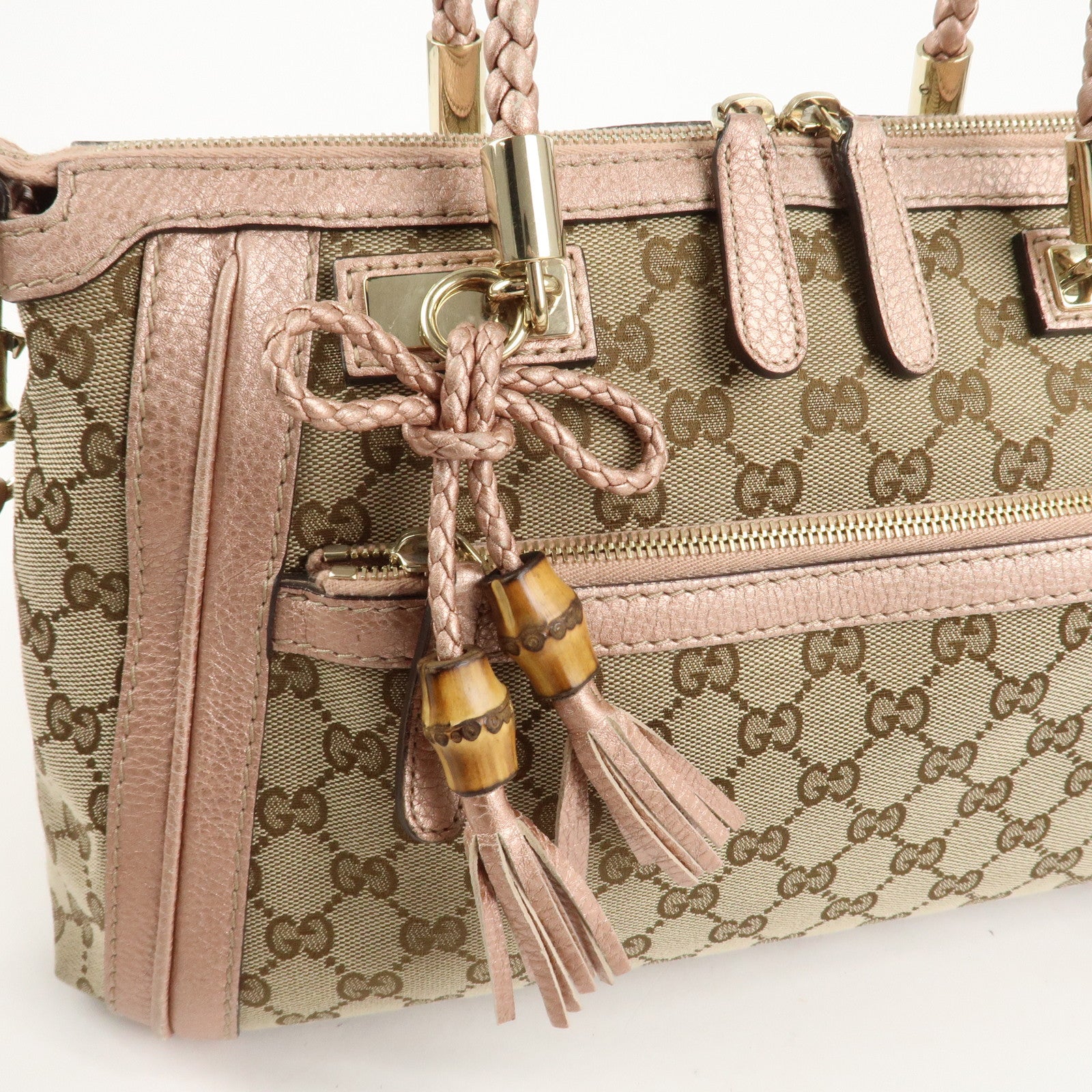 GUCCI Bamboo GG Canvas Leather 2Way Shoulder Bag Beige Pink 282300 Used