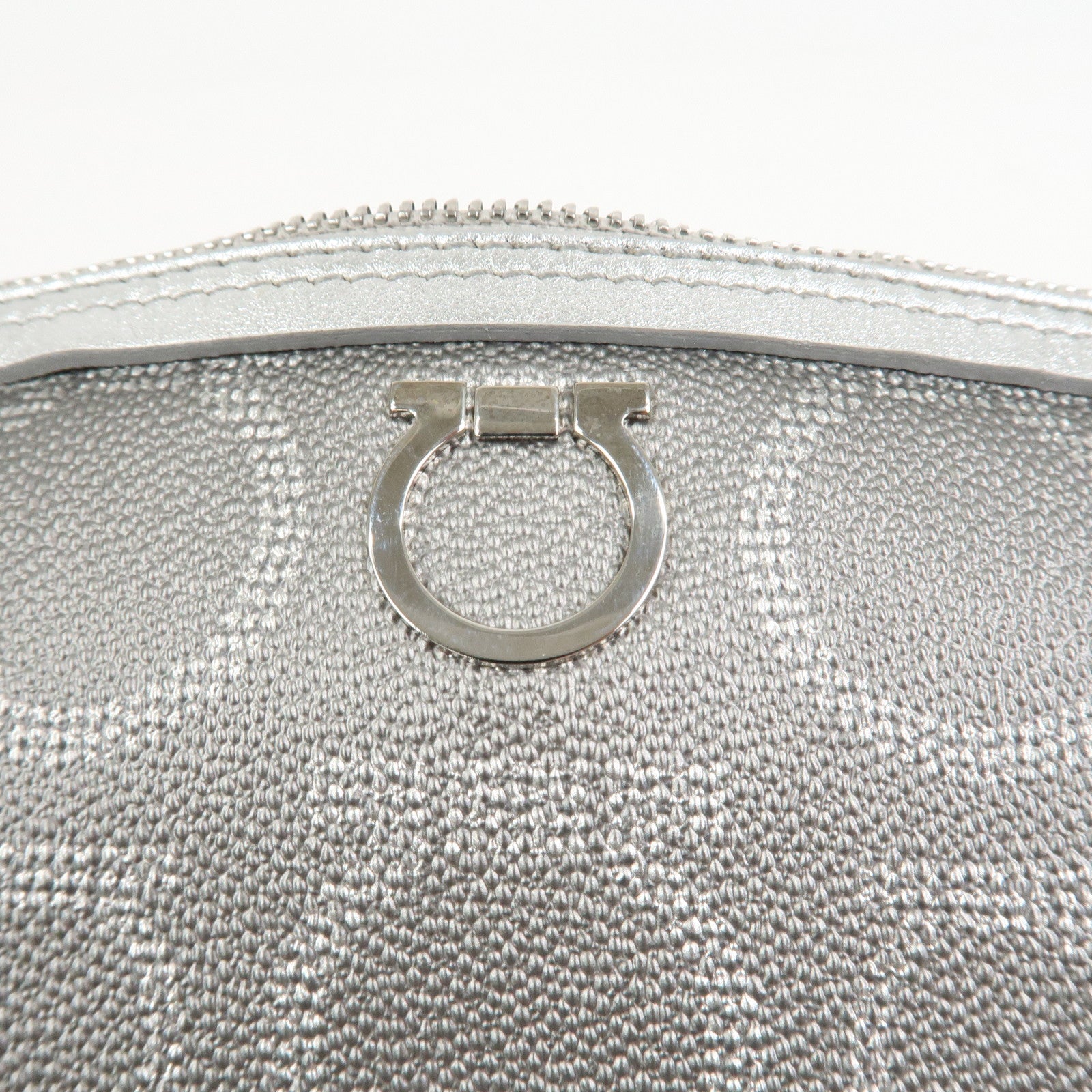 Ferragamo Gancini Logo Leather Shoulder Bag Hand Bag Silver