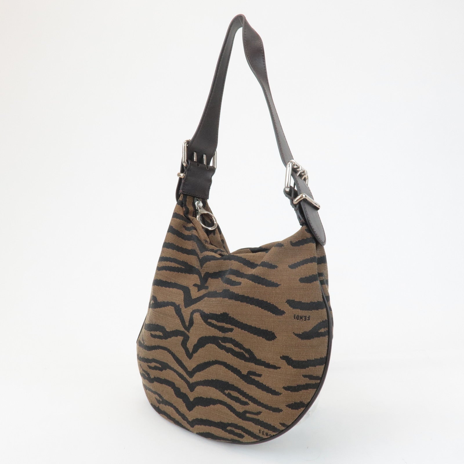 FENDI Zebra Leather Canvas Shoulder Bag Hand Bag Black Brown Used