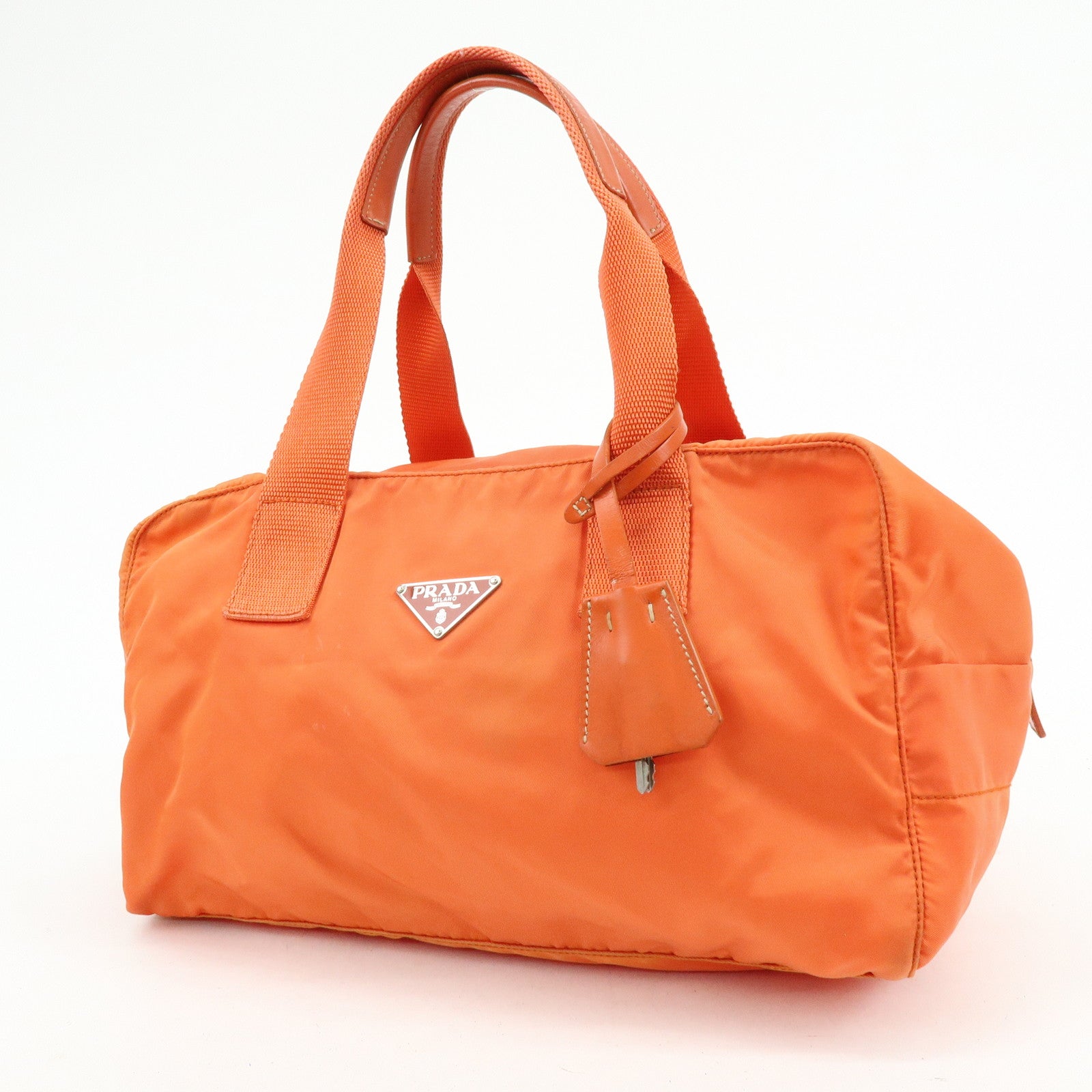 PRADA Triangle Logo Nylon Boston Bag Hand Bag Orange
