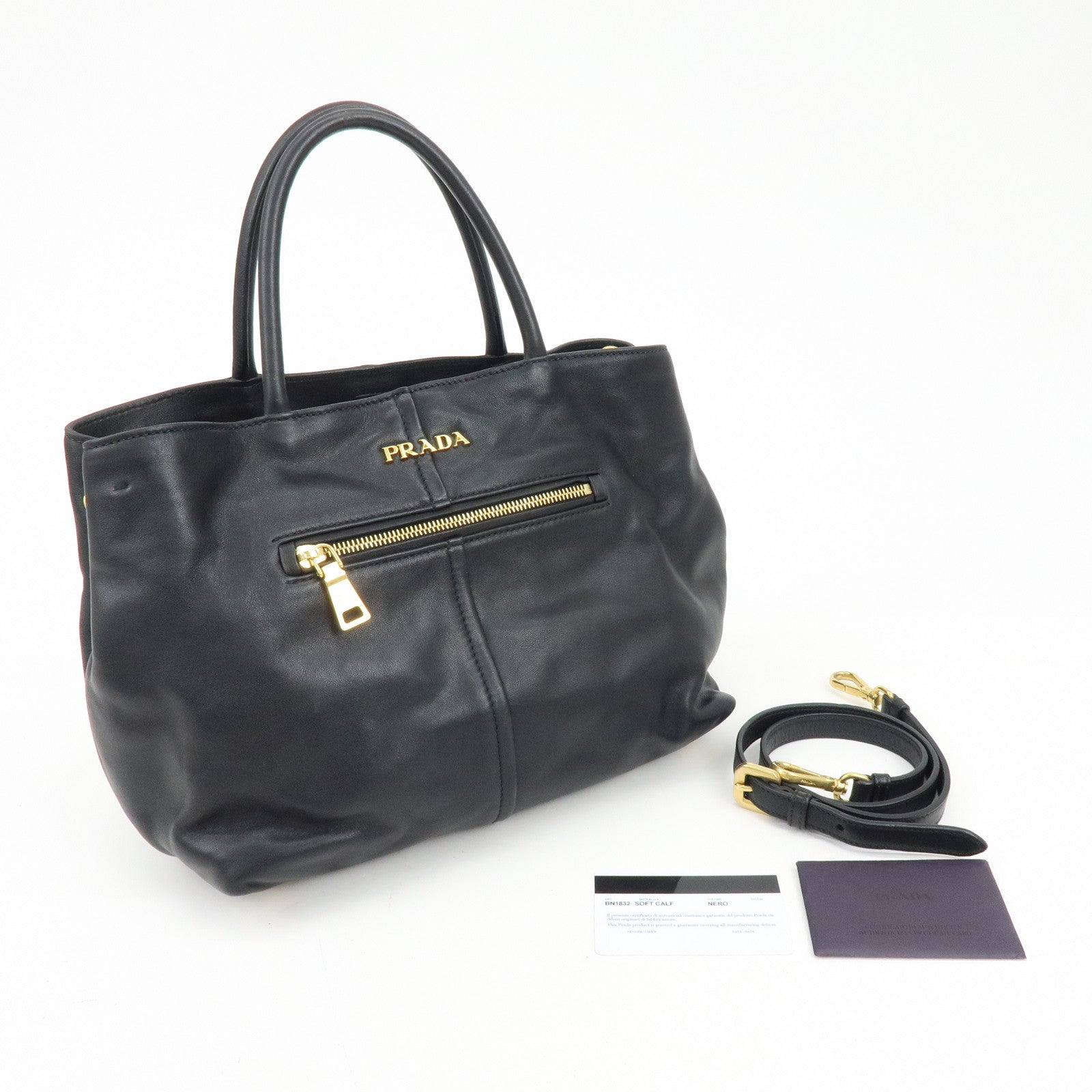 PRADA Soft Calf Leather 2Way Bag Hand Bag Shoulder Bag Black BN1832