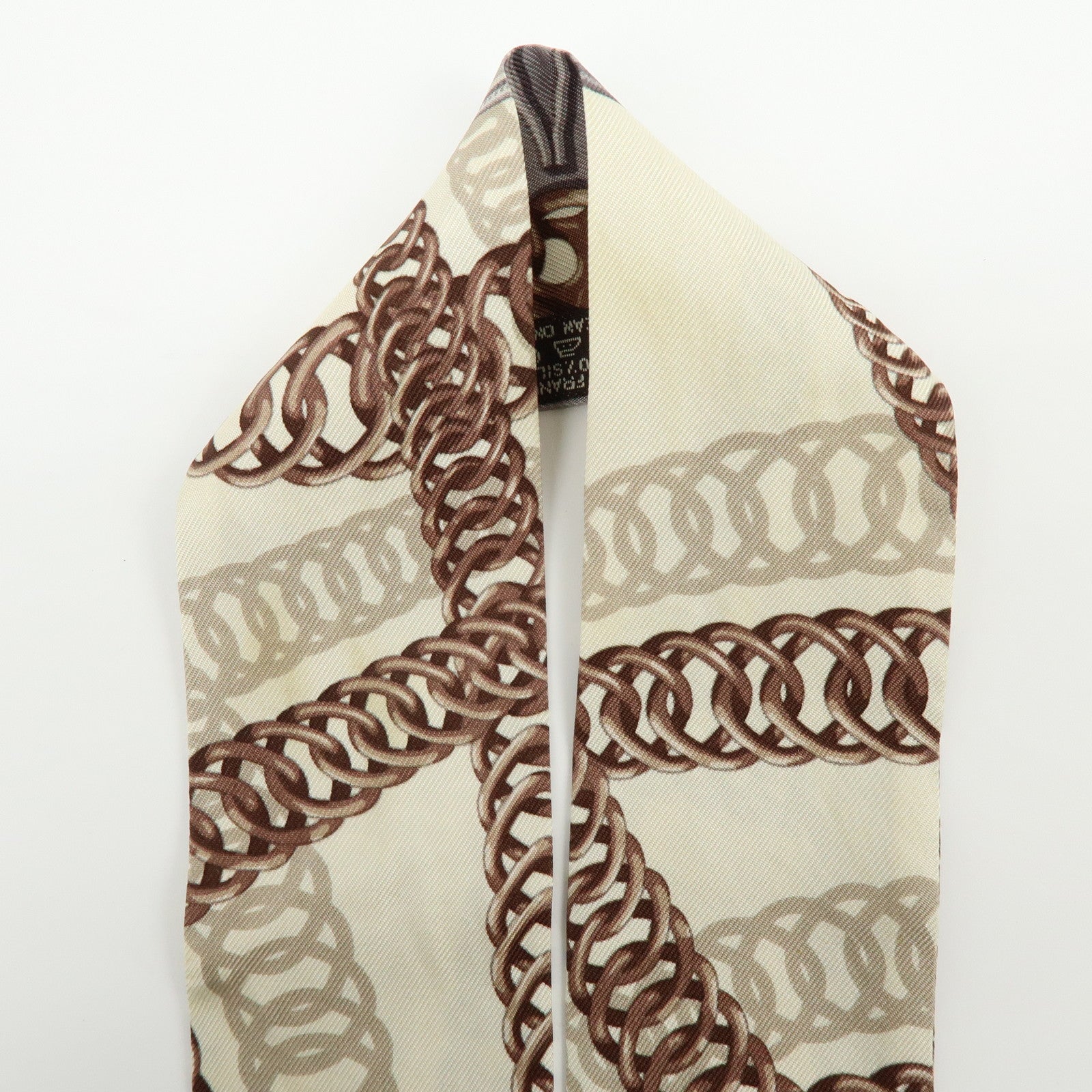 HERMES Twilly Silk 100% Scarf Chain Print Ivory Brown