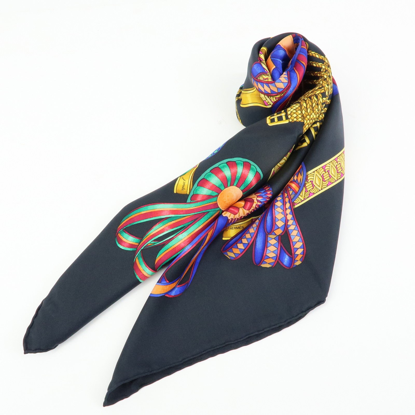 HERMES Carre 90 Silk 100% LES RUBANS DU CHEVAL Scarf Black