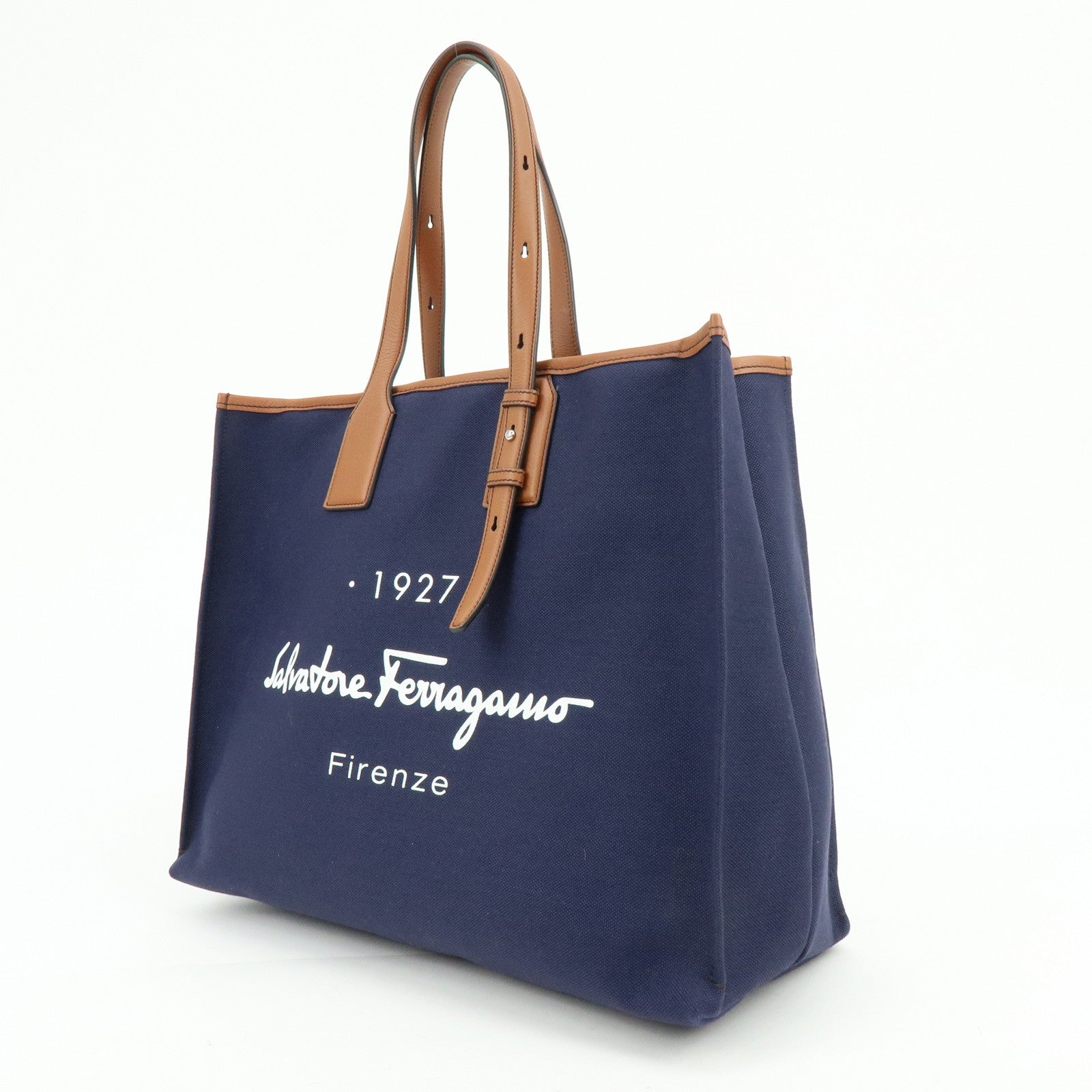 Ferragamo 1927 Signature Canvas Leather Tote Bag Navy Brown